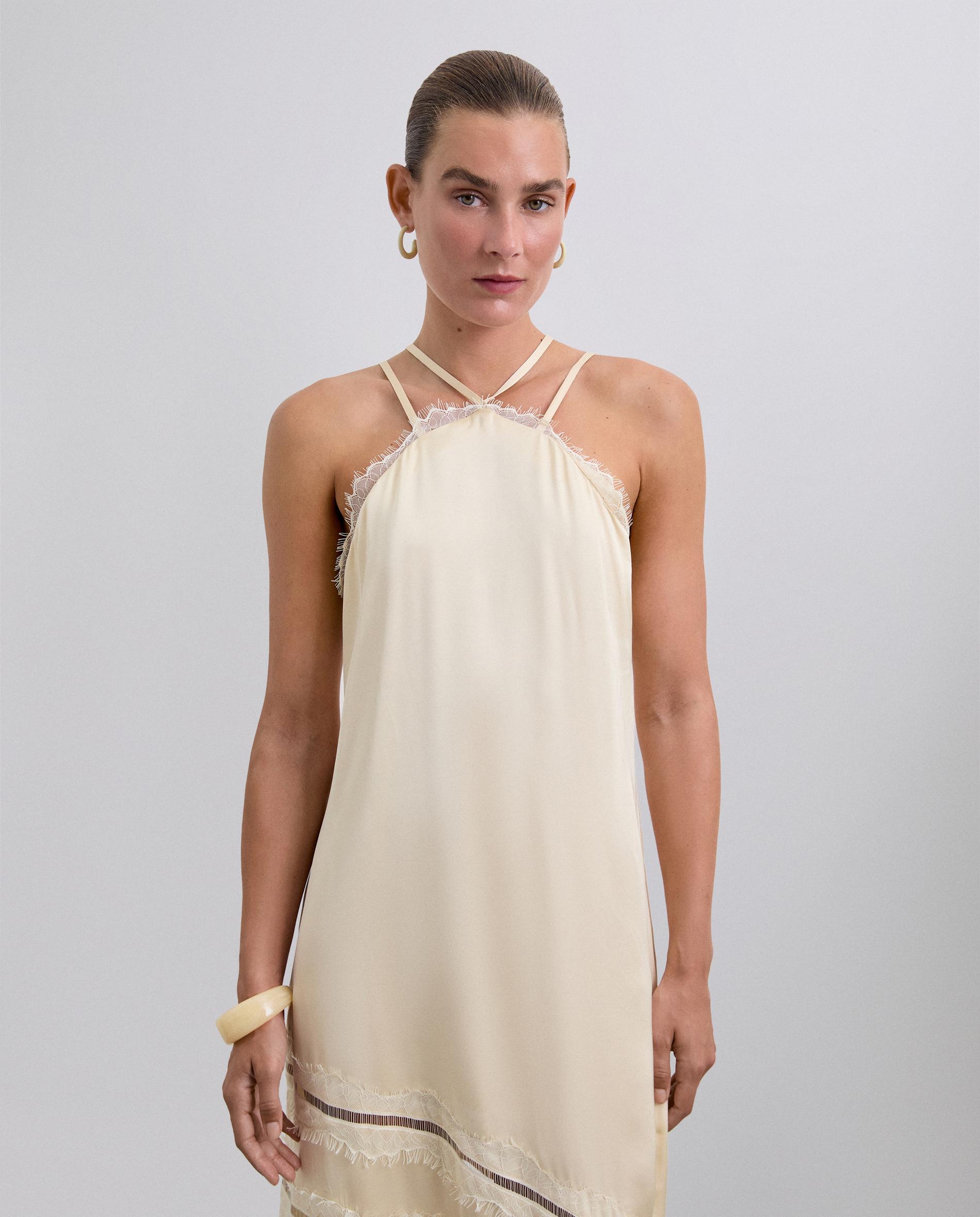 Vestido Acetinado de Alças com Detalhe de Renda Cru-2