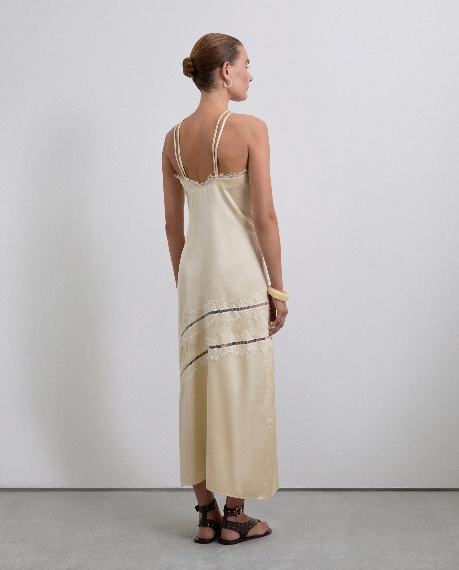 Vestido Acetinado de Alças com Detalhe de Renda Cru-3