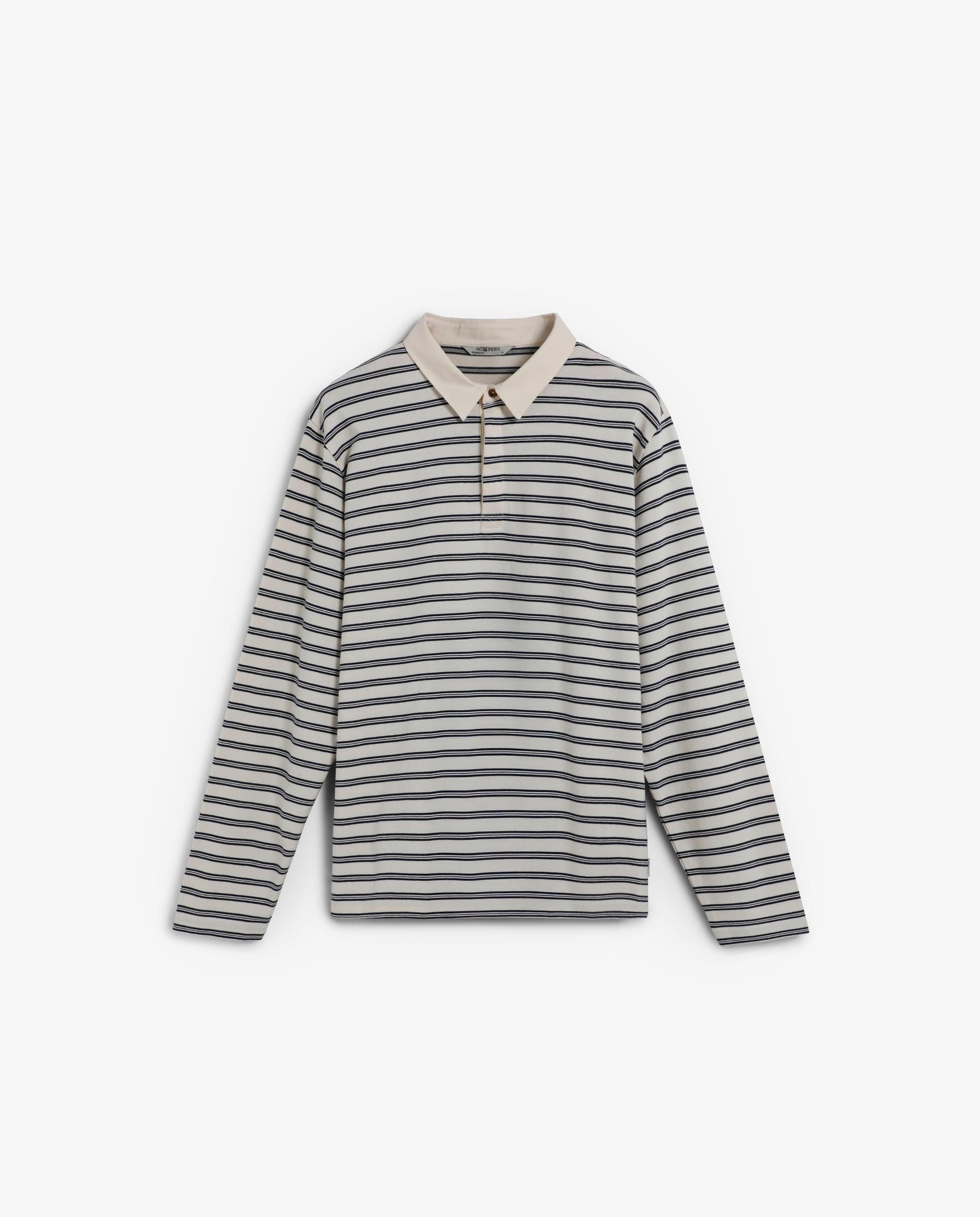 Polo com Estampado Às Riscas e Gola de Sarja em Contraste Azul-marinho-1