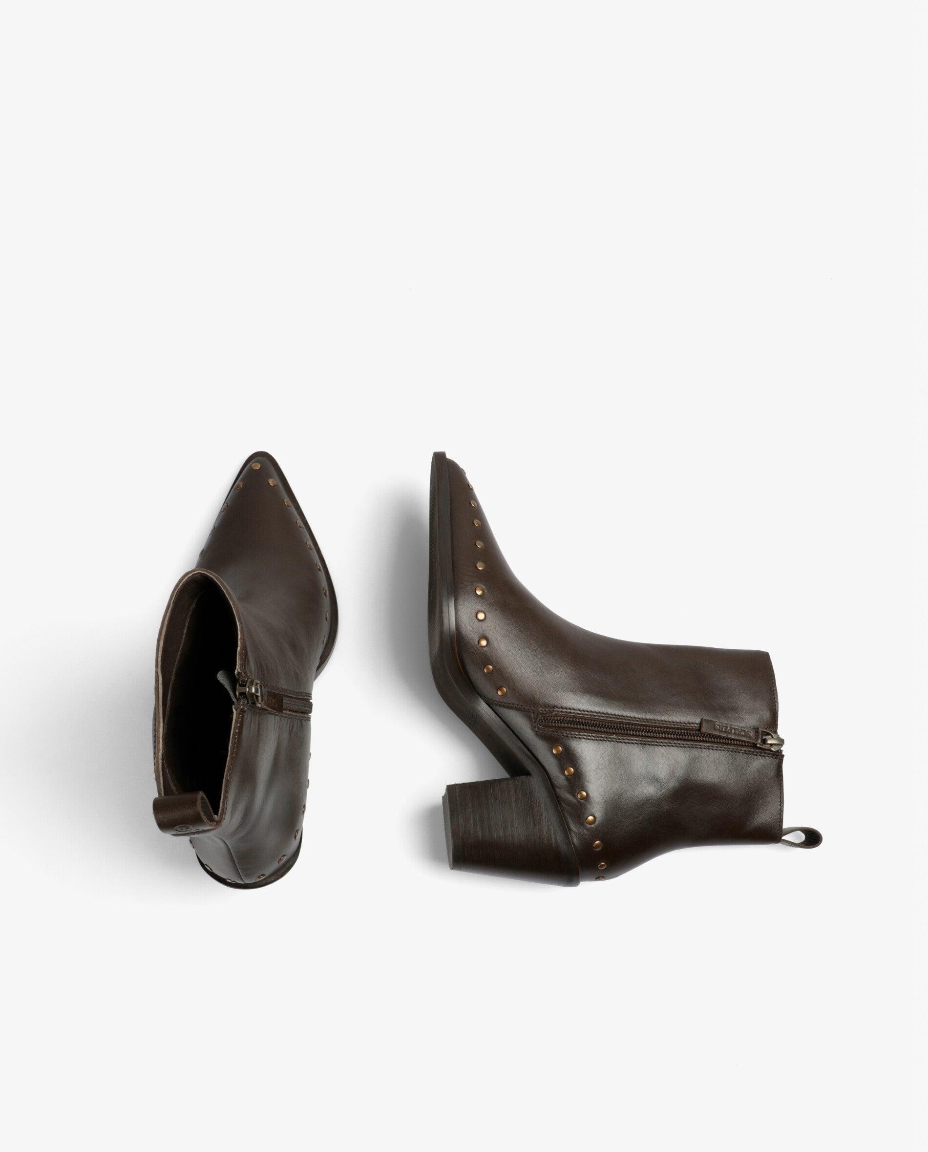 Botins de Pele com Tachas Decorativas Castanho-escuro-8