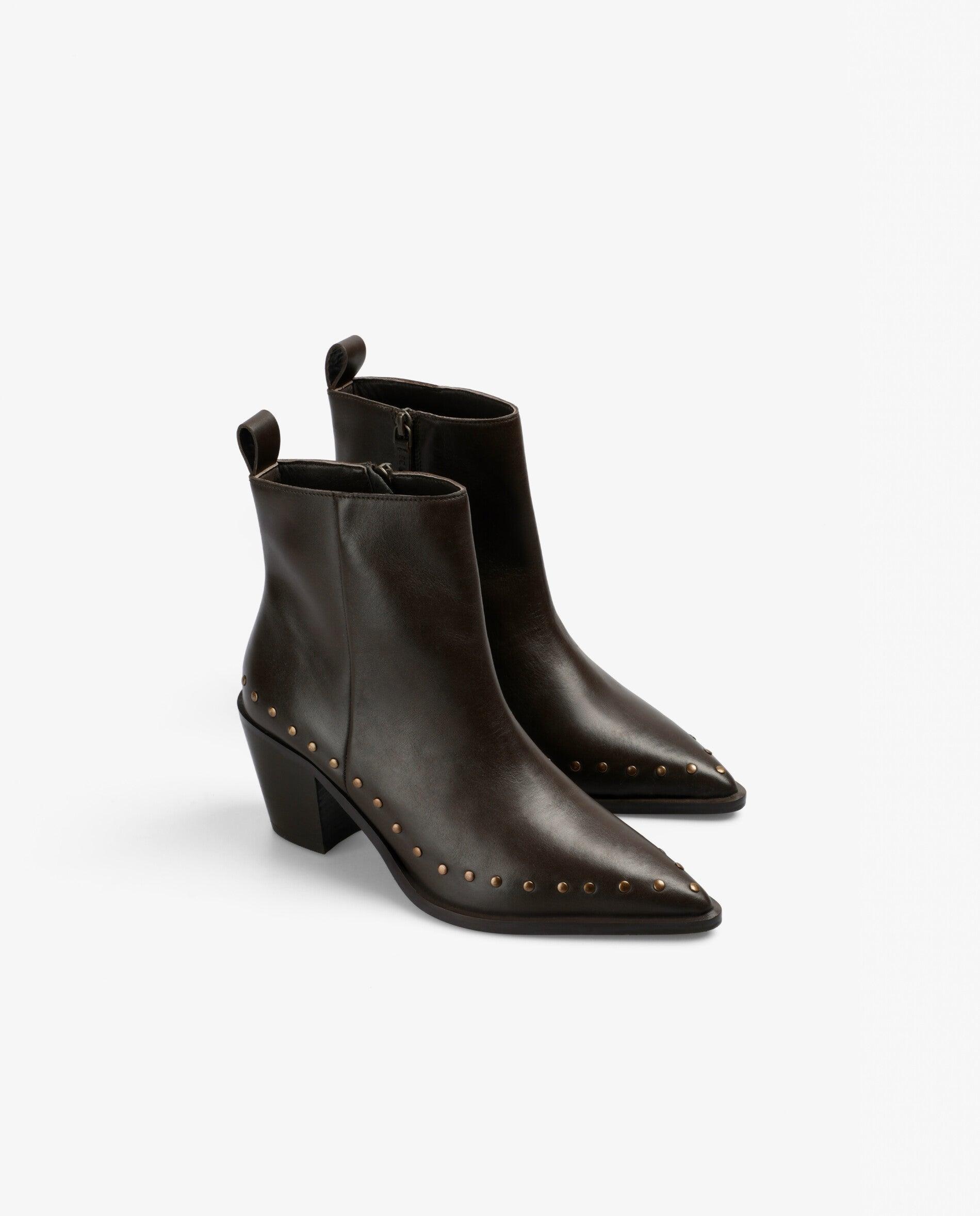 Botins de Pele com Tachas Decorativas Castanho-escuro-2