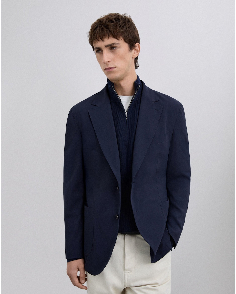 Blazer com Lapelas em V e Bolsos de Patch Frontais Azul-1