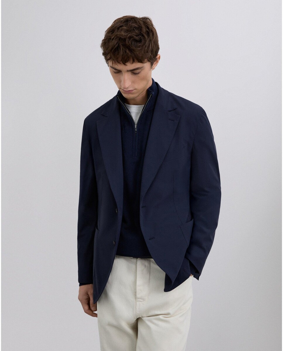 Blazer com Lapelas em V e Bolsos de Patch Frontais Azul-5