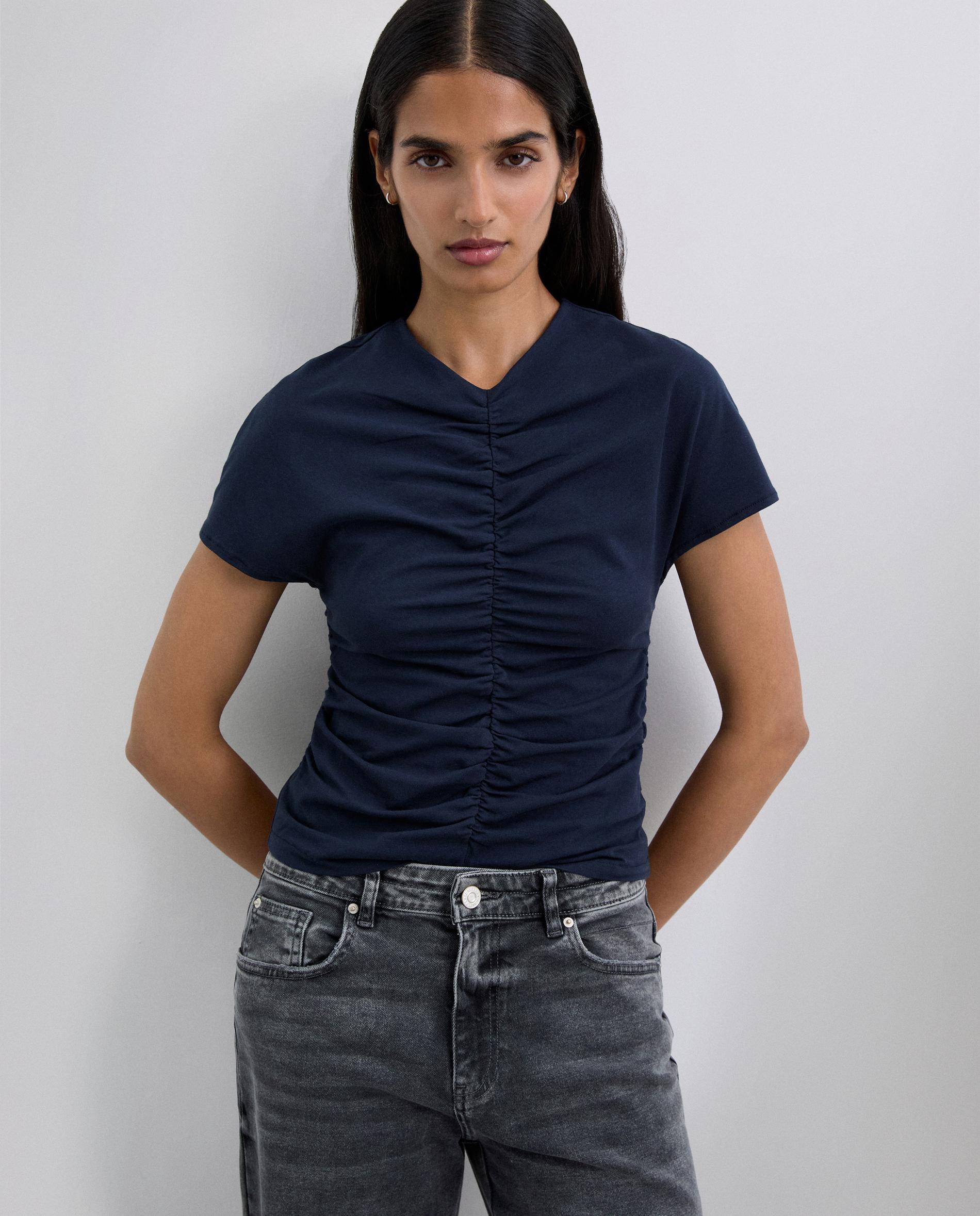 T-shirt de Manga Curta com Detalhe Franzido Navy-1