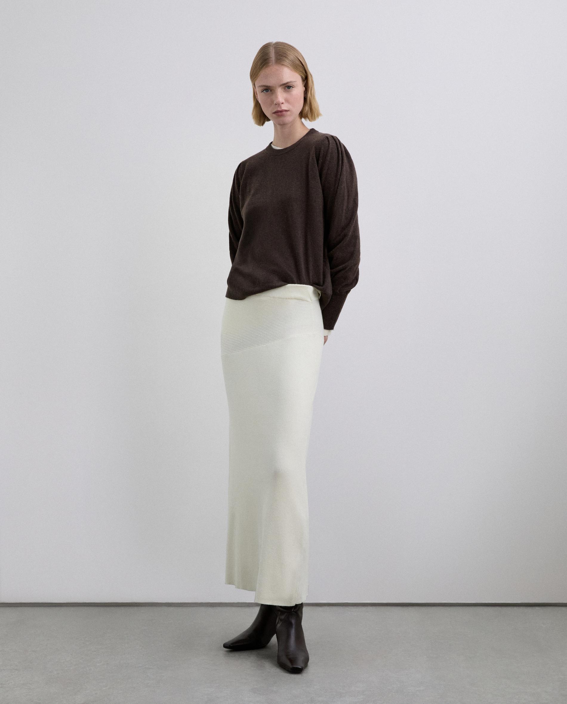 Saia Midi de Malha Elástica Bege-1