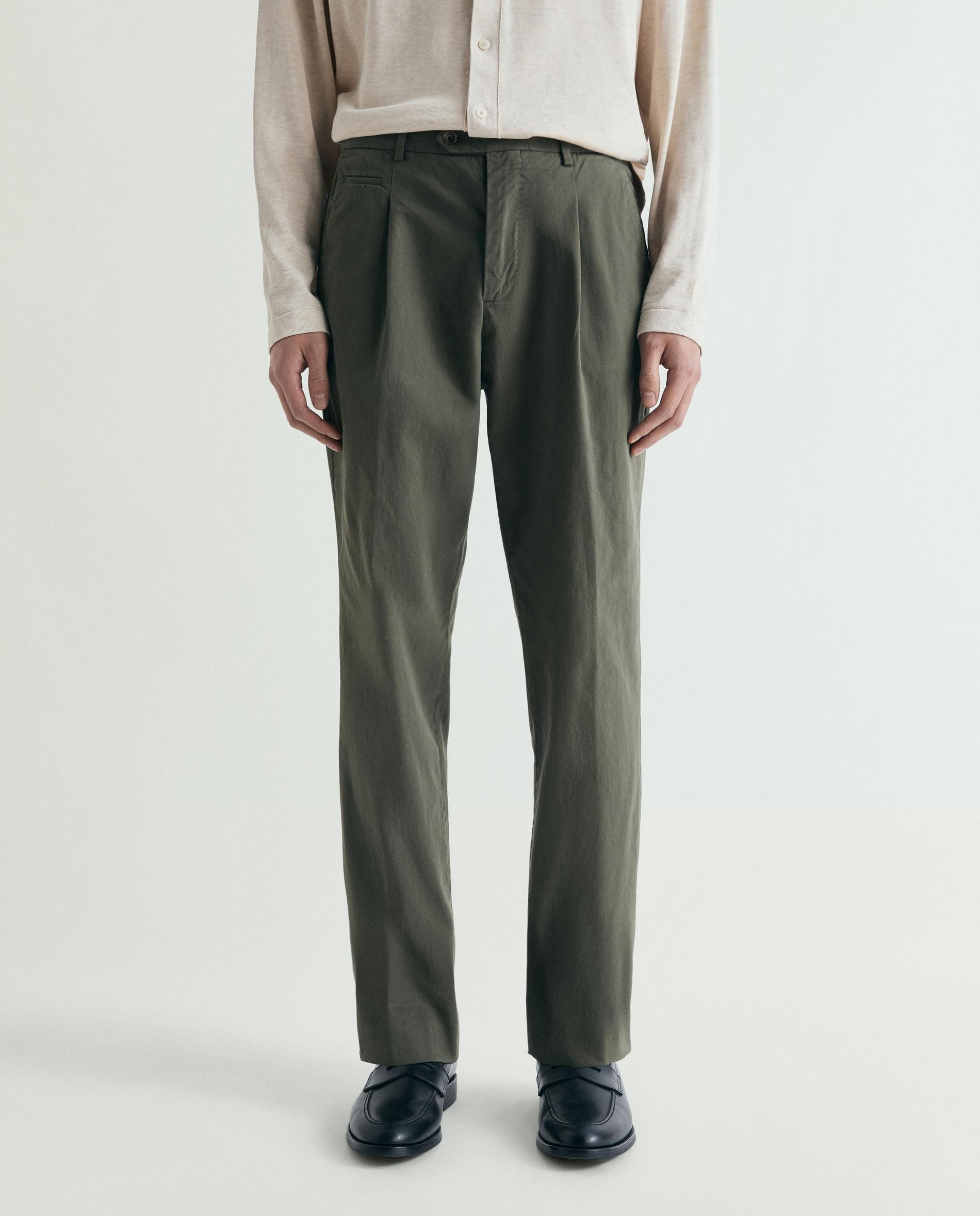 Calças Chino Lisas com Presilhas na Cintura Verde-militar-2