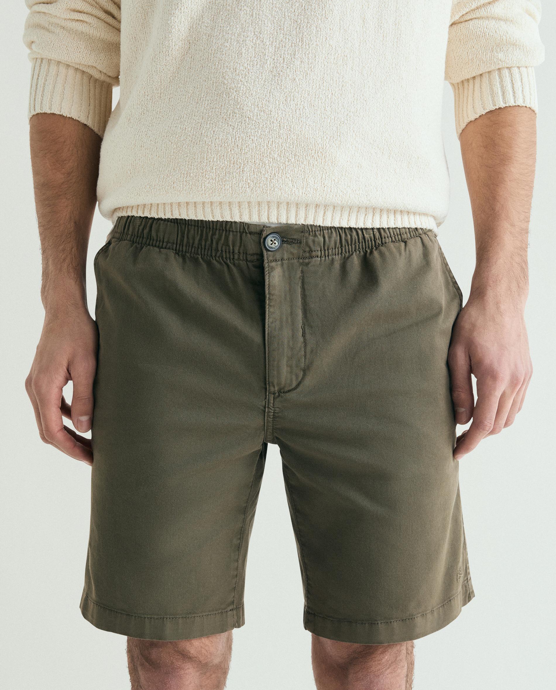 Bermudas em Algodão Ligeiramente Elástico com Cordão Interior Verde-escuro-2