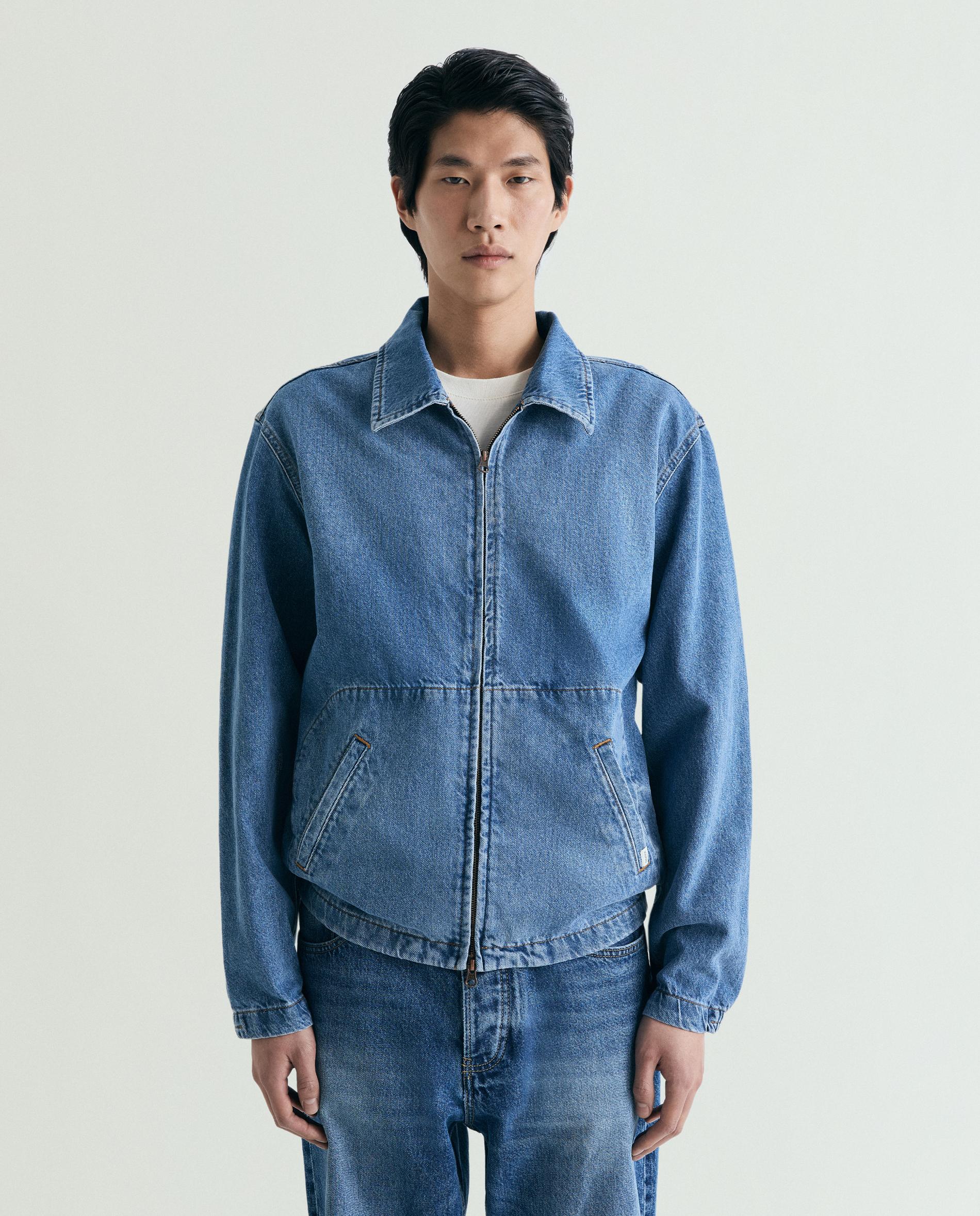 Casaco Jeans Tipo Bomber com Fecho Zip Azul-índigo-4