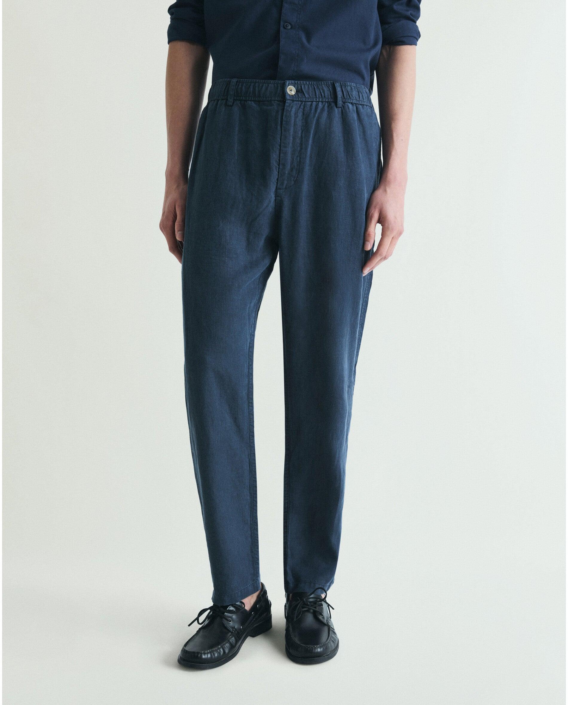 Calças de Linho Relaxed Fit com Cintura Elástica Navy-2