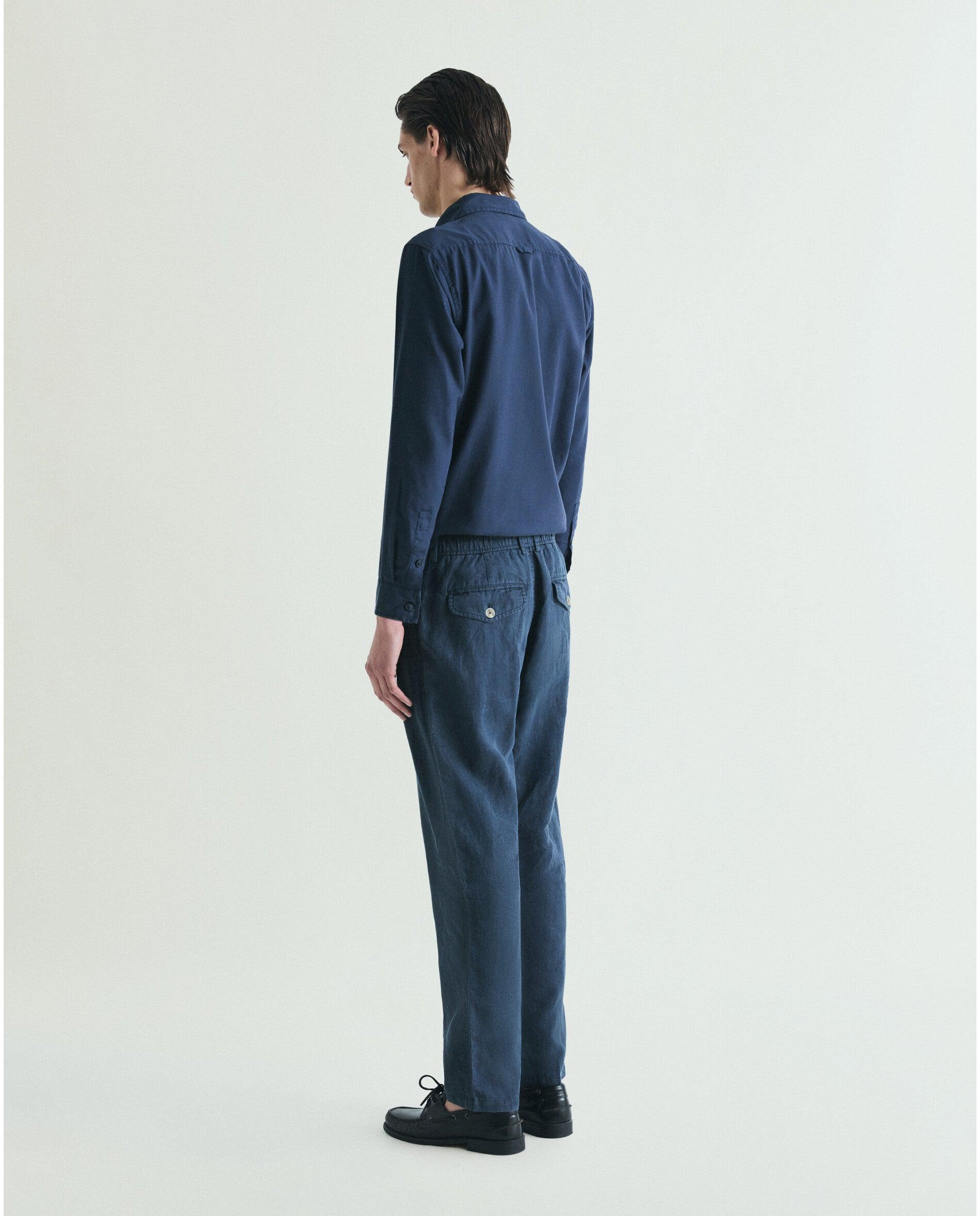Calças de Linho Relaxed Fit com Cintura Elástica Navy-3