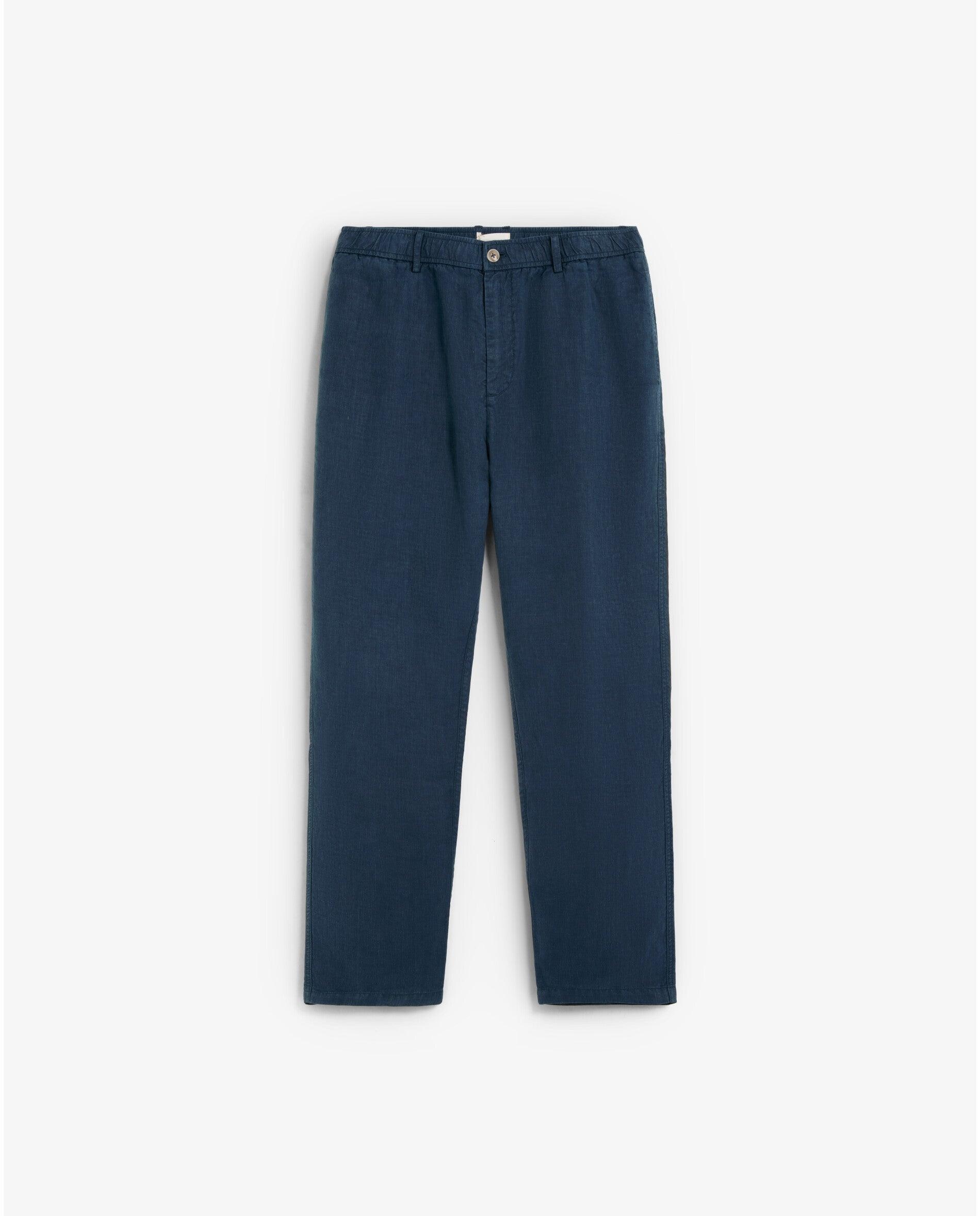 Calças de Linho Relaxed Fit com Cintura Elástica Navy-4