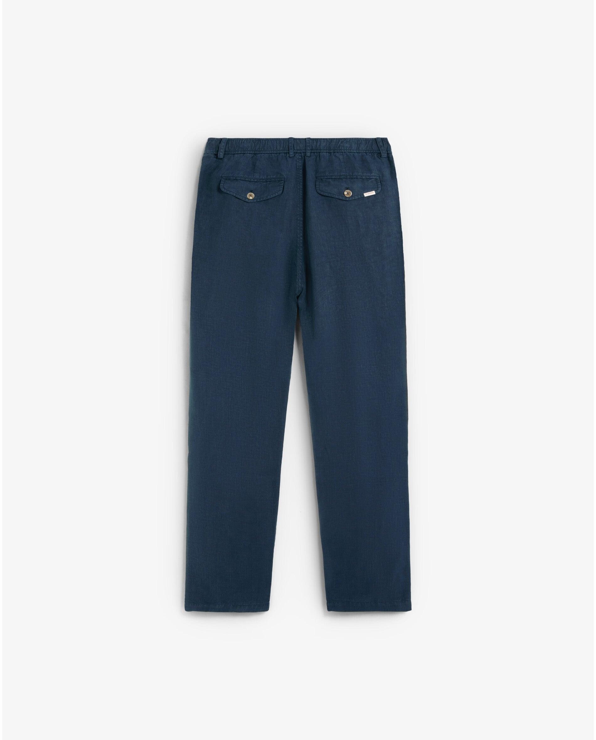 Calças de Linho Relaxed Fit com Cintura Elástica Navy-5