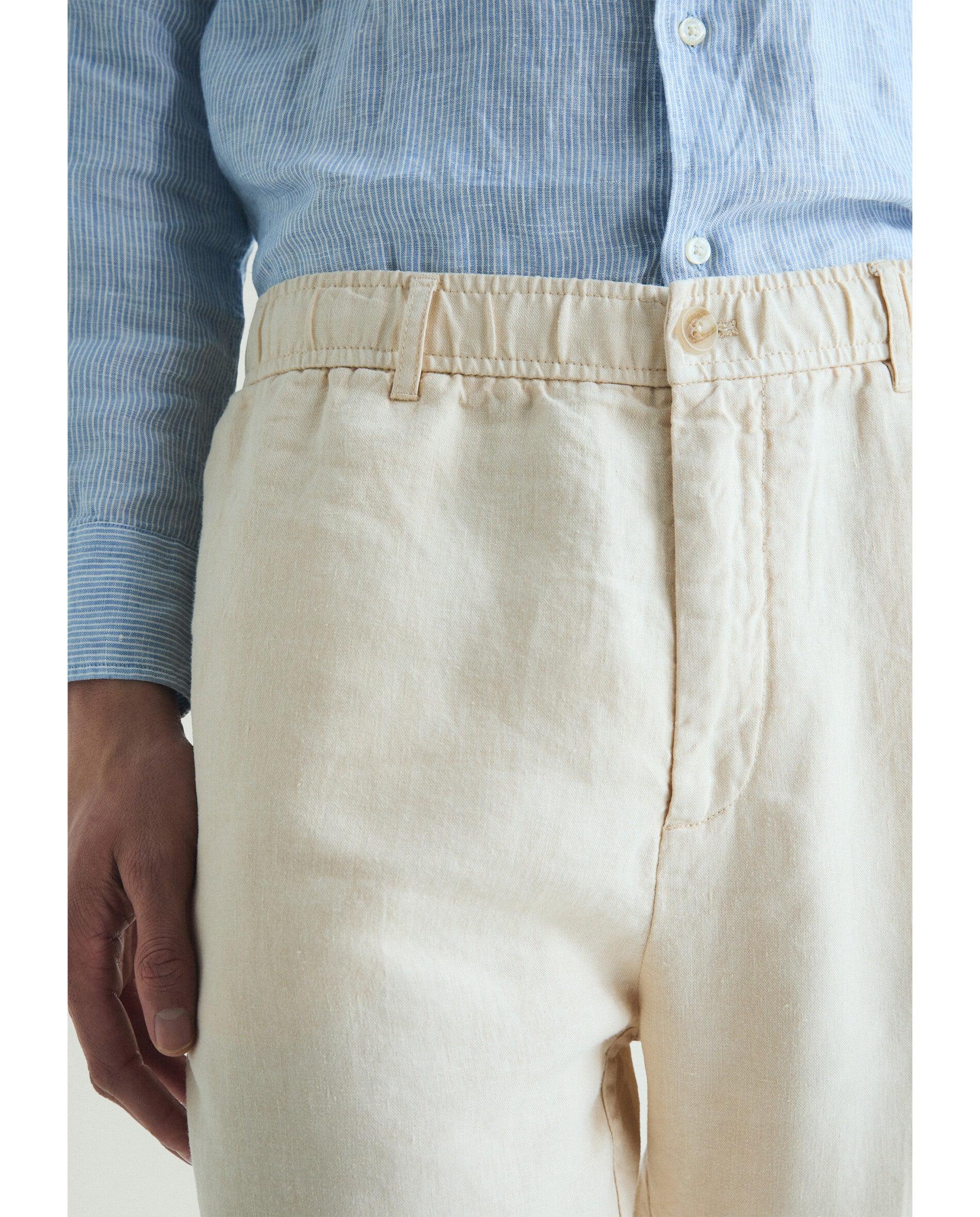 Calças de Linho Relaxed Fit com Cintura Elástica Natural-4