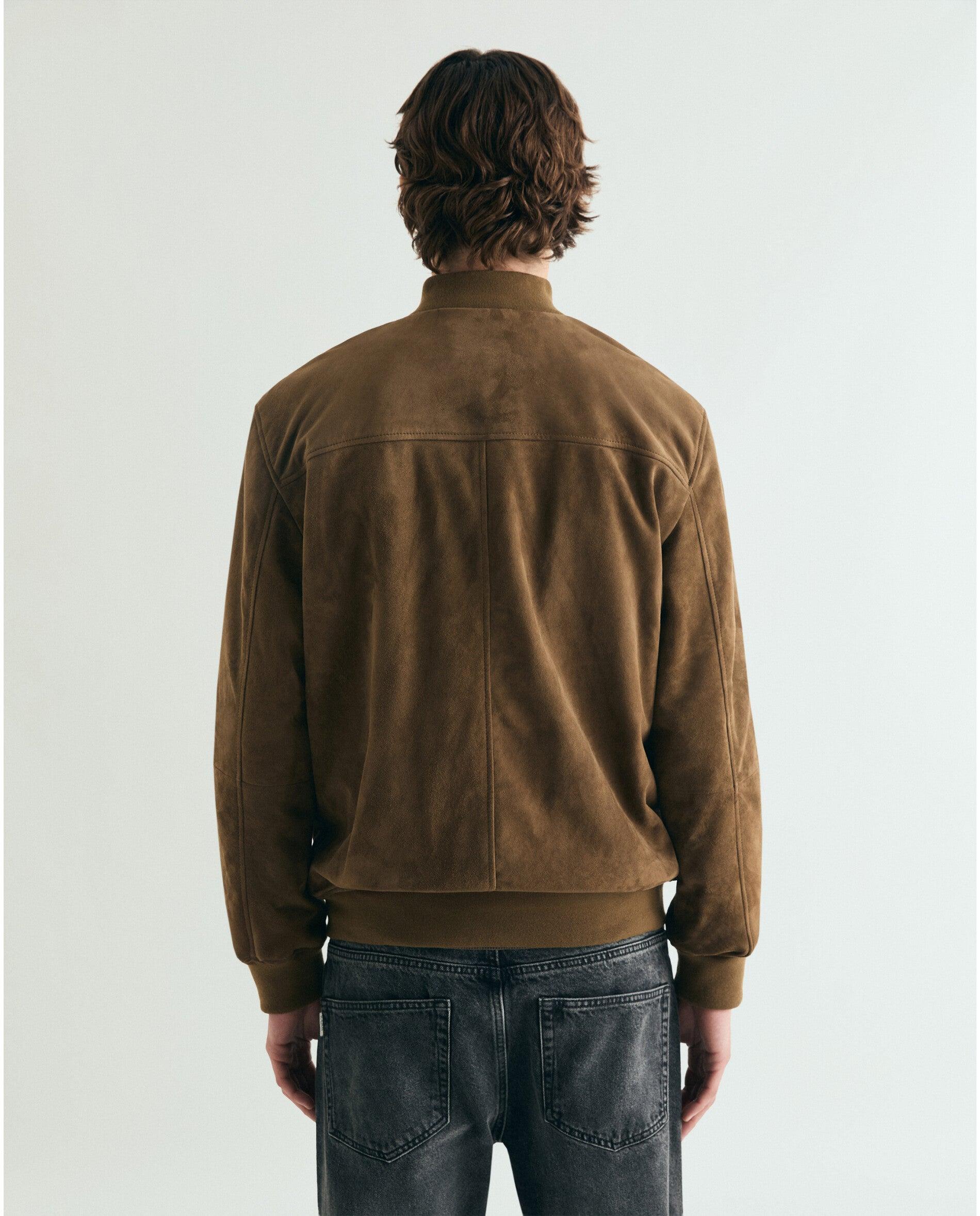 Blusão de Pele em Camurça com Fecho Zip Caqui-3