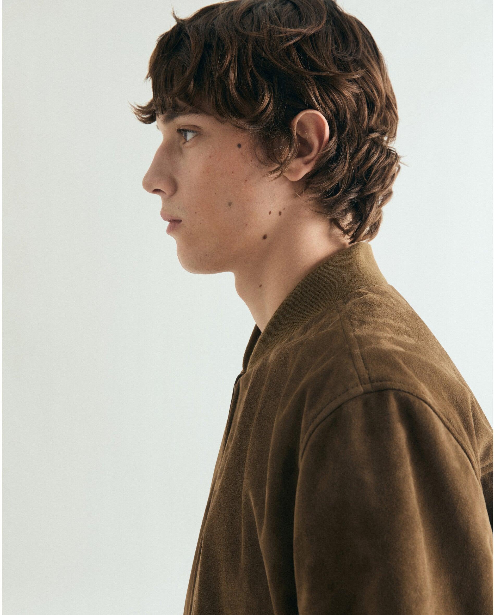 Blusão de Pele em Camurça com Fecho Zip Caqui-4