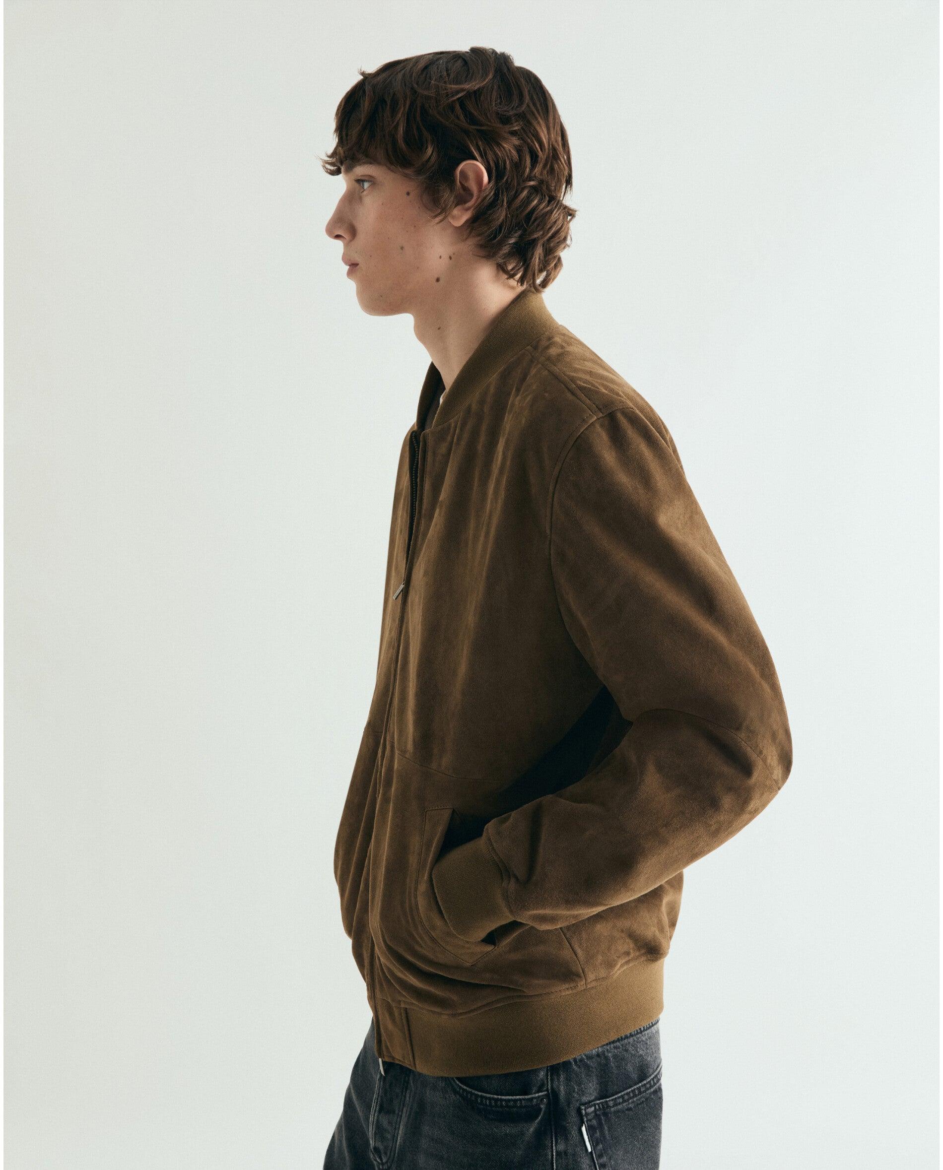 Blusão de Pele em Camurça com Fecho Zip Caqui-5