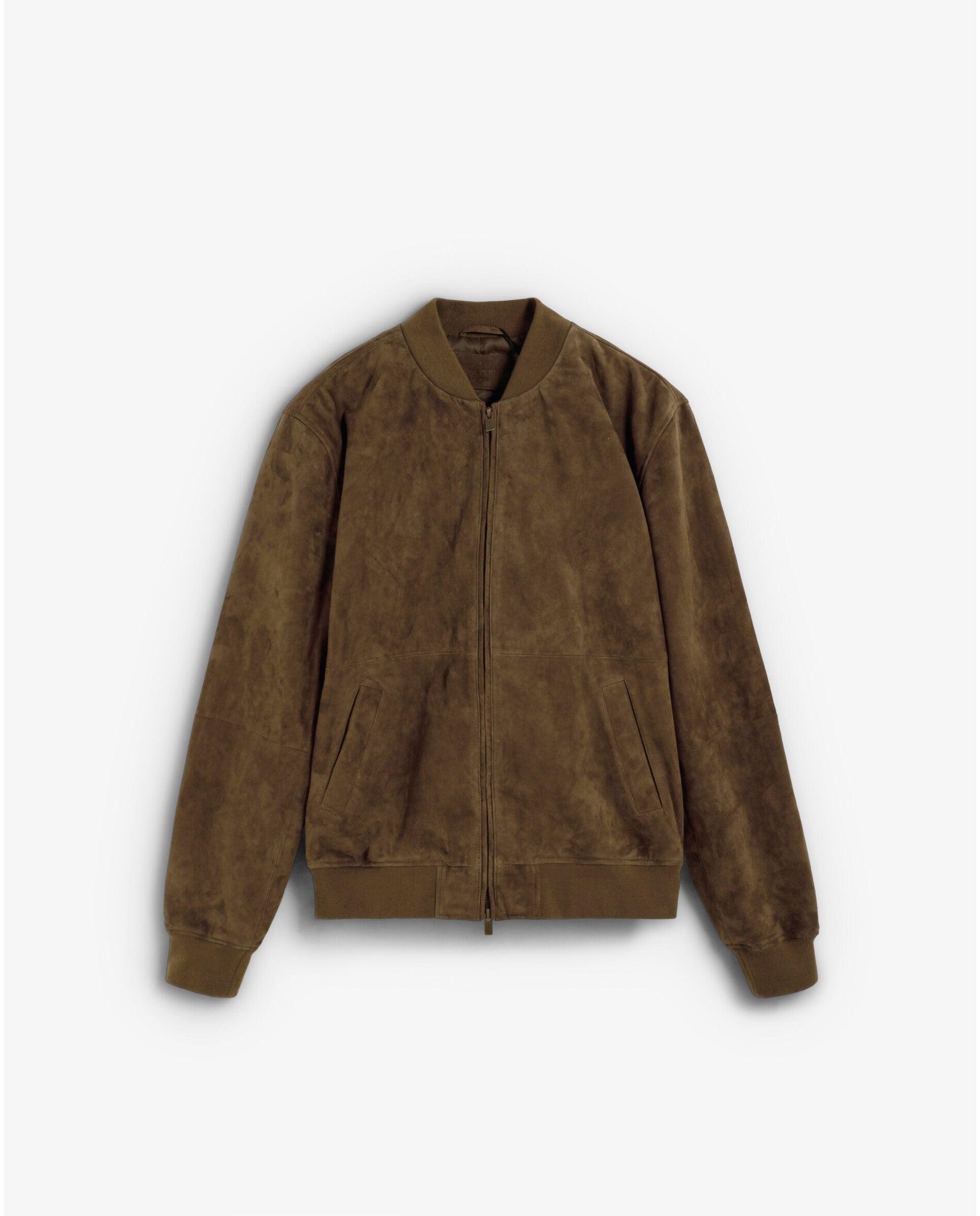 Blusão de Pele em Camurça com Fecho Zip Caqui-6