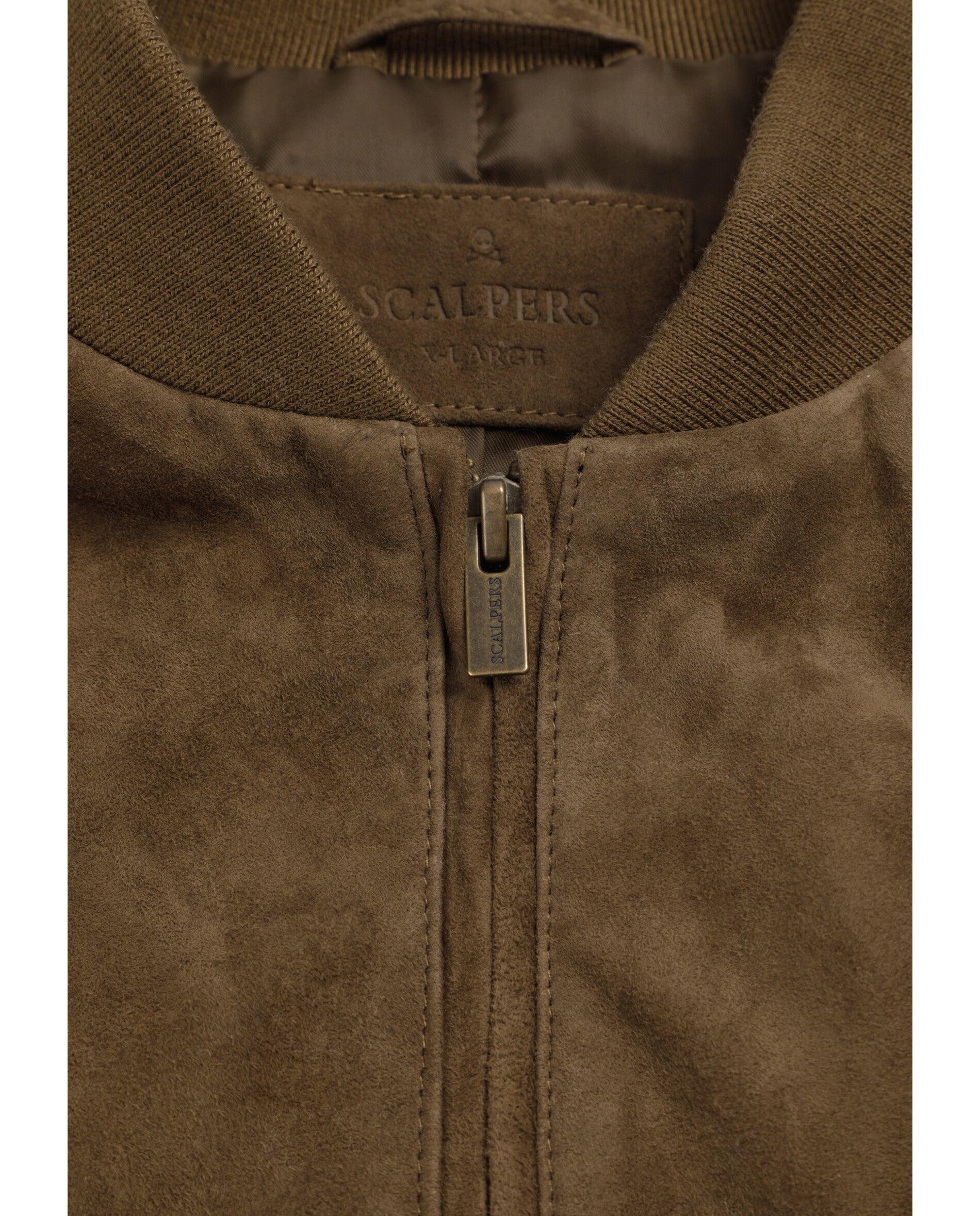 Blusão de Pele em Camurça com Fecho Zip Caqui-8