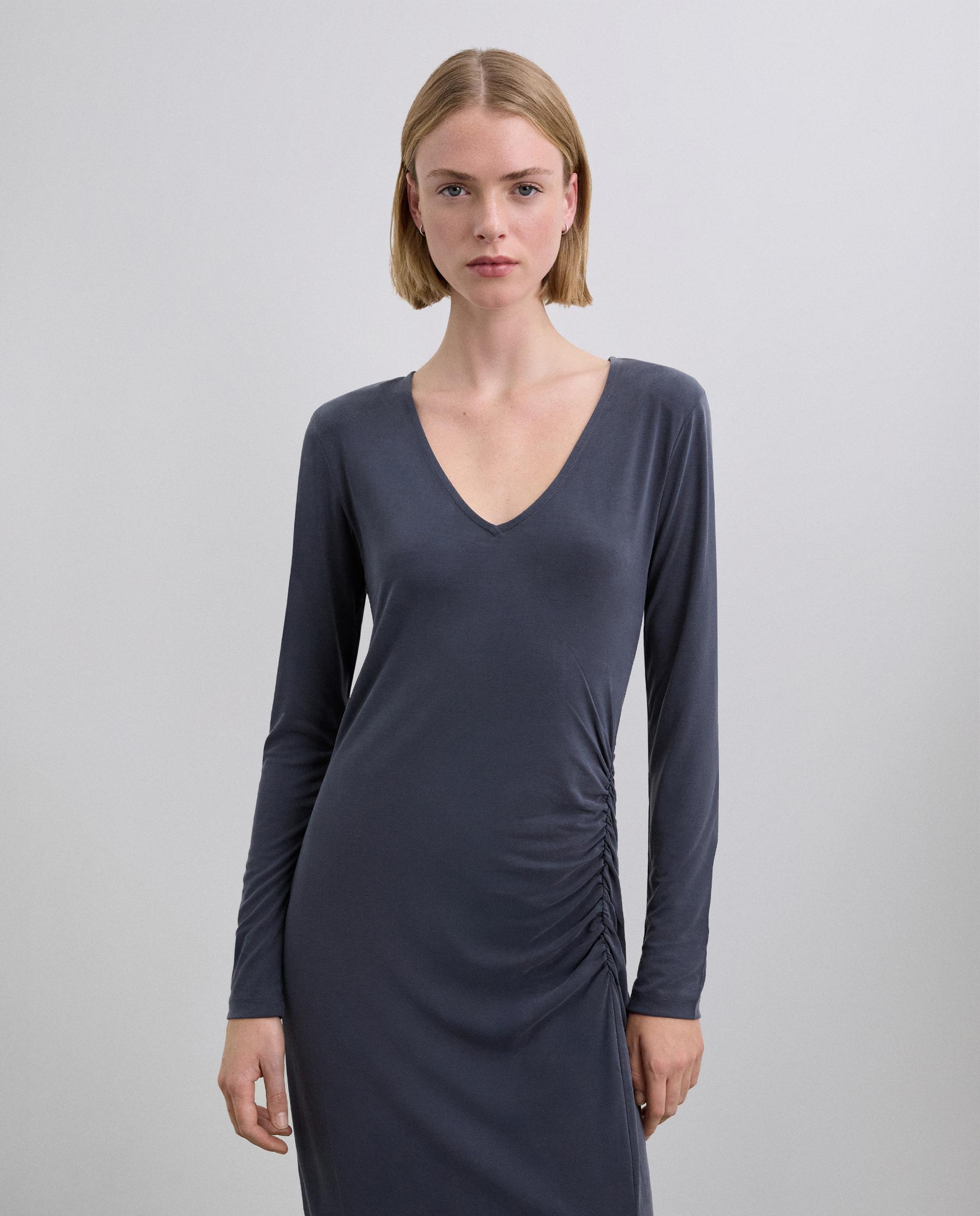 Vestido Midi Elástico com Franzido Lateral Cinzento-escuro-2