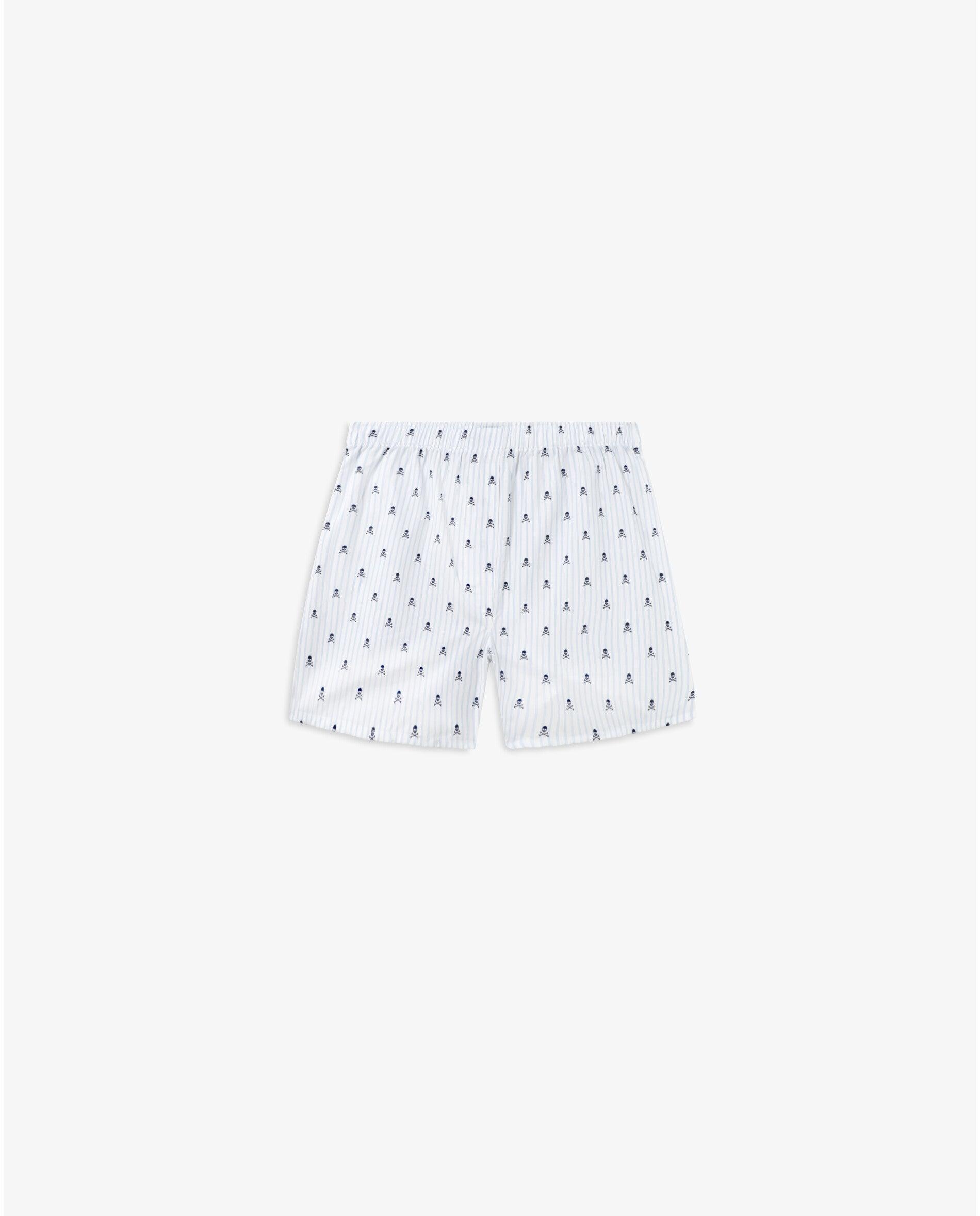 Boxers de Tecido com Padrão Às Riscas e Estampado de Caveira Branco / Azul-2