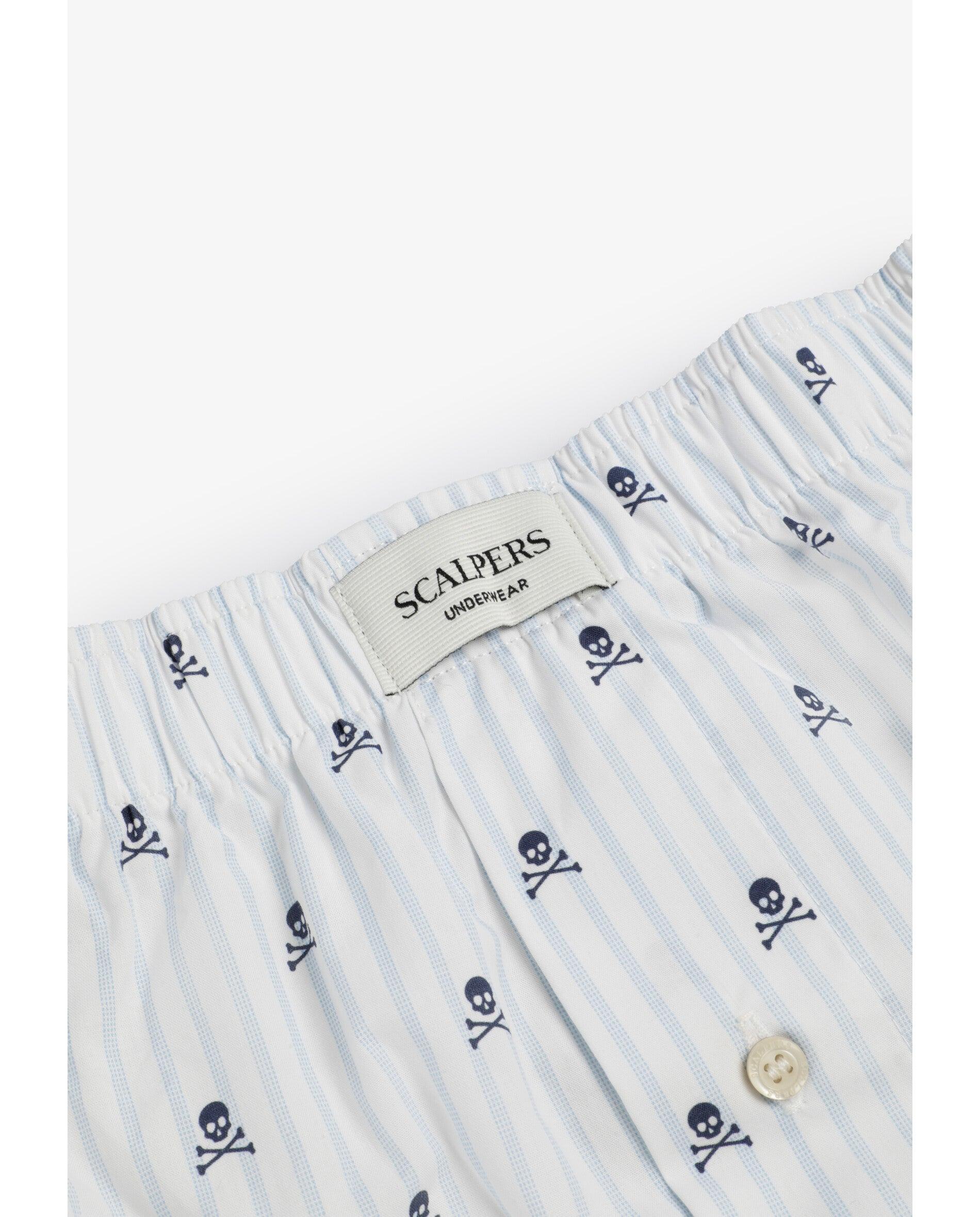 Boxers de Tecido com Padrão Às Riscas e Estampado de Caveira Branco / Azul-3