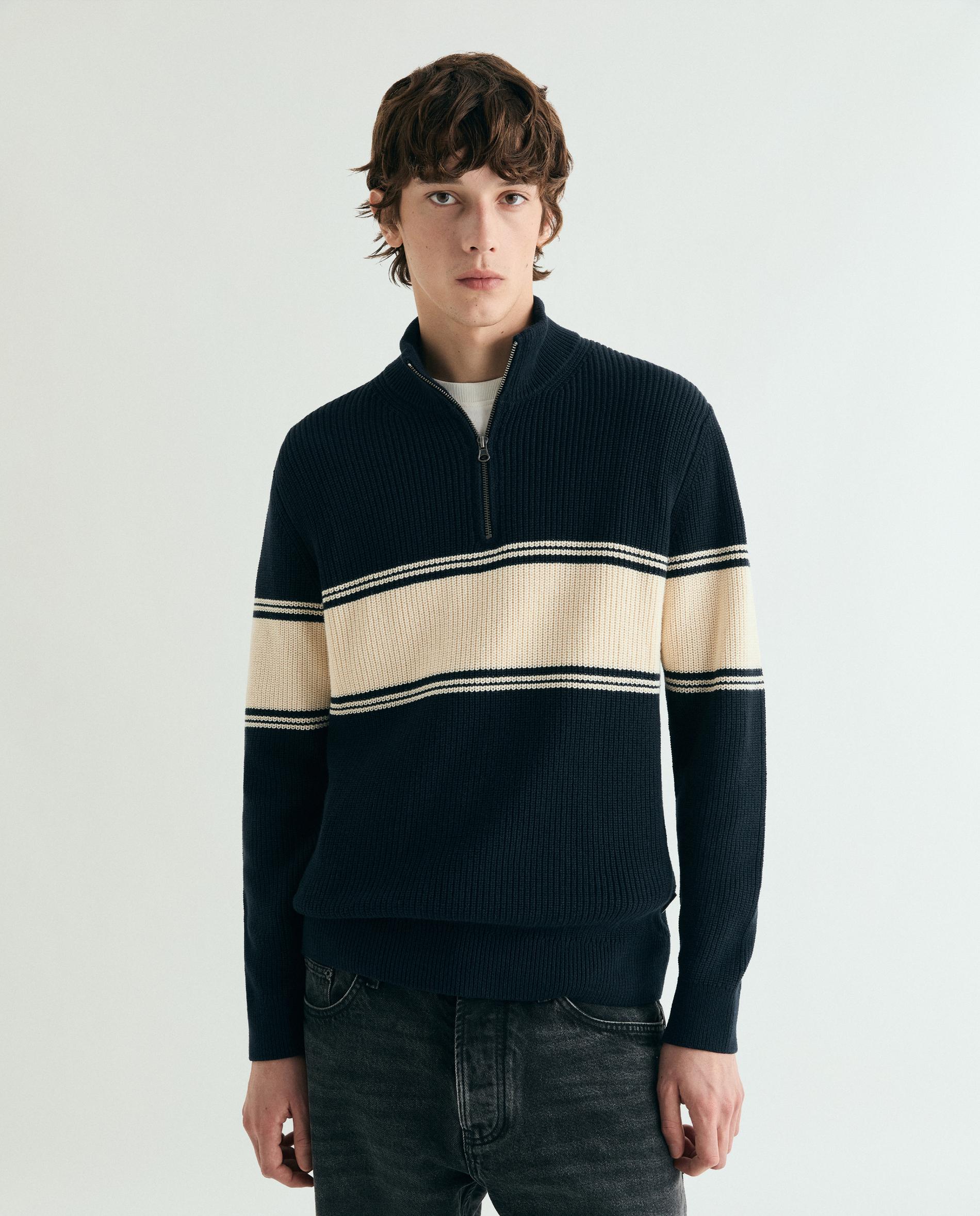 Camisola com Gola Subida e Meio Fecho Zip Navy-1