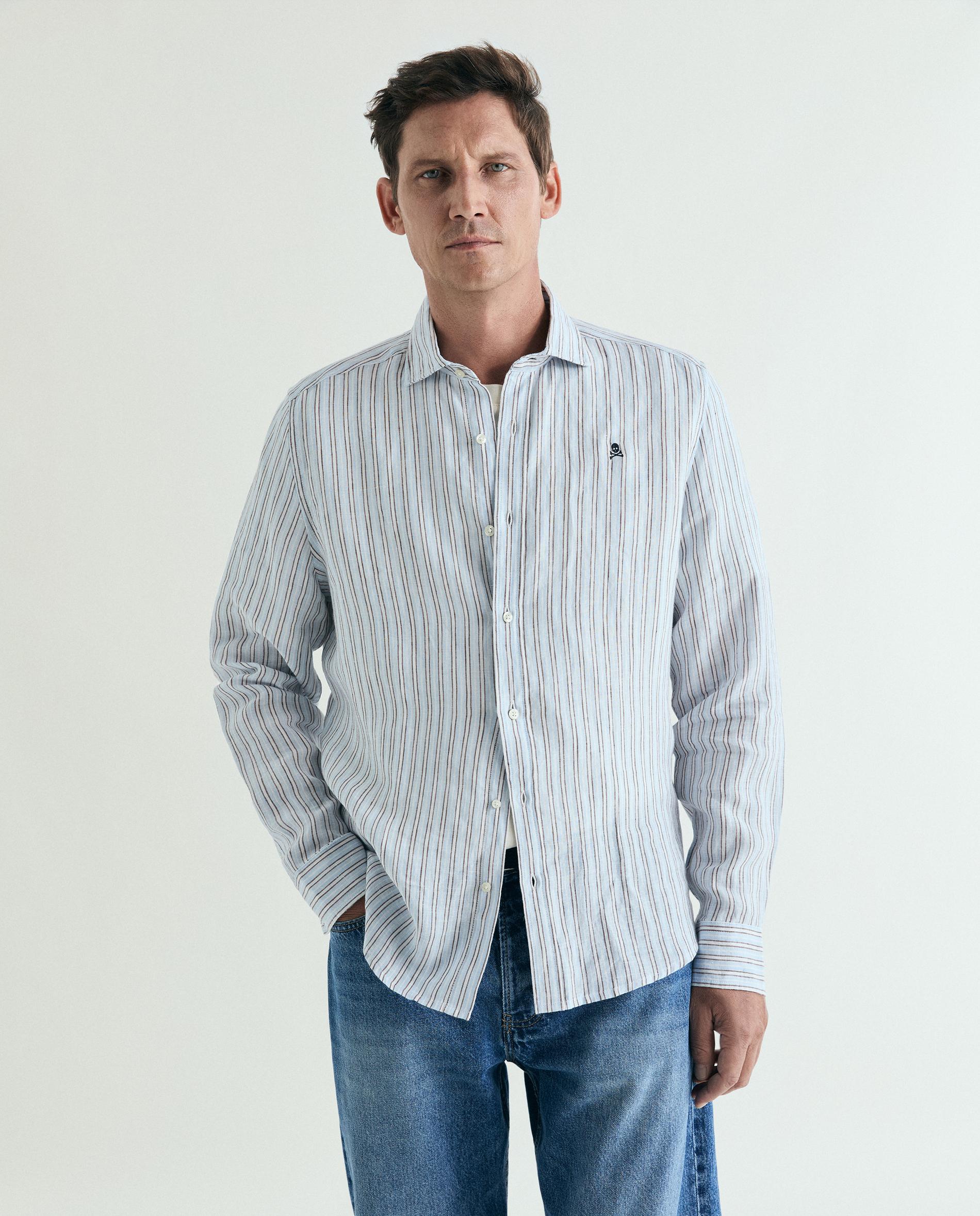 Camisa de Linho Regular Fit Às Riscas Castanho-1