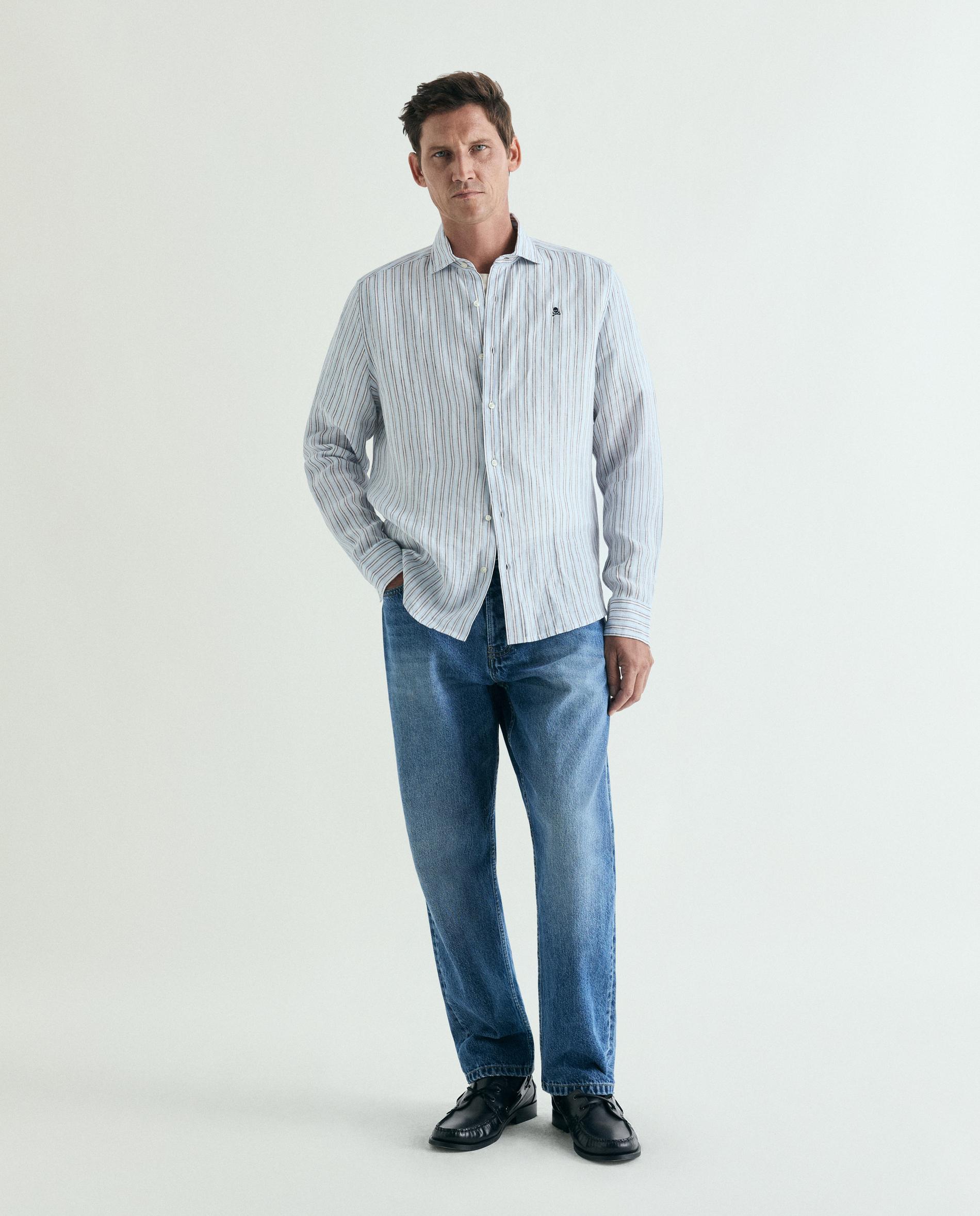 Camisa de Linho Regular Fit Às Riscas Castanho-2