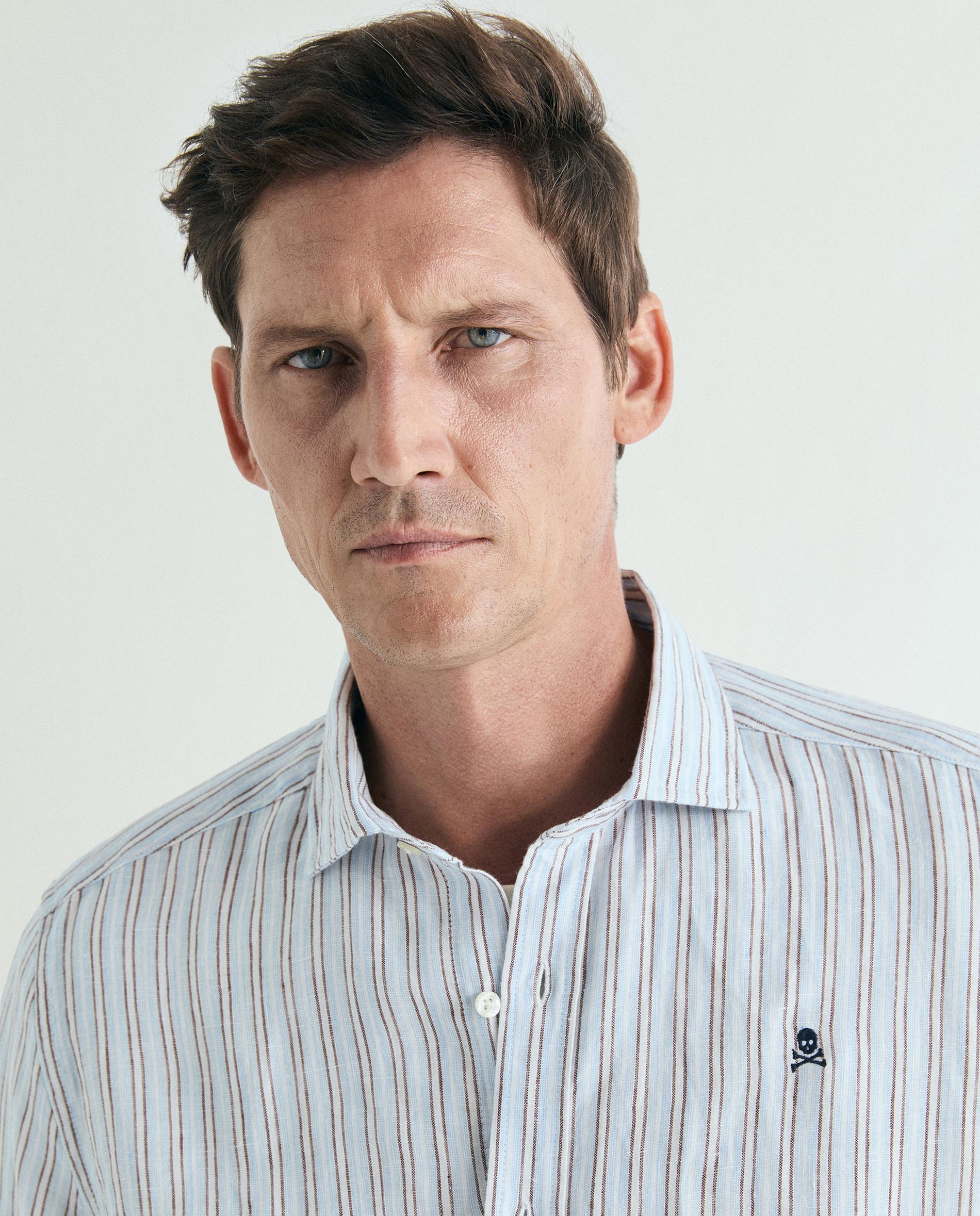 Camisa de Linho Regular Fit Às Riscas Castanho-4
