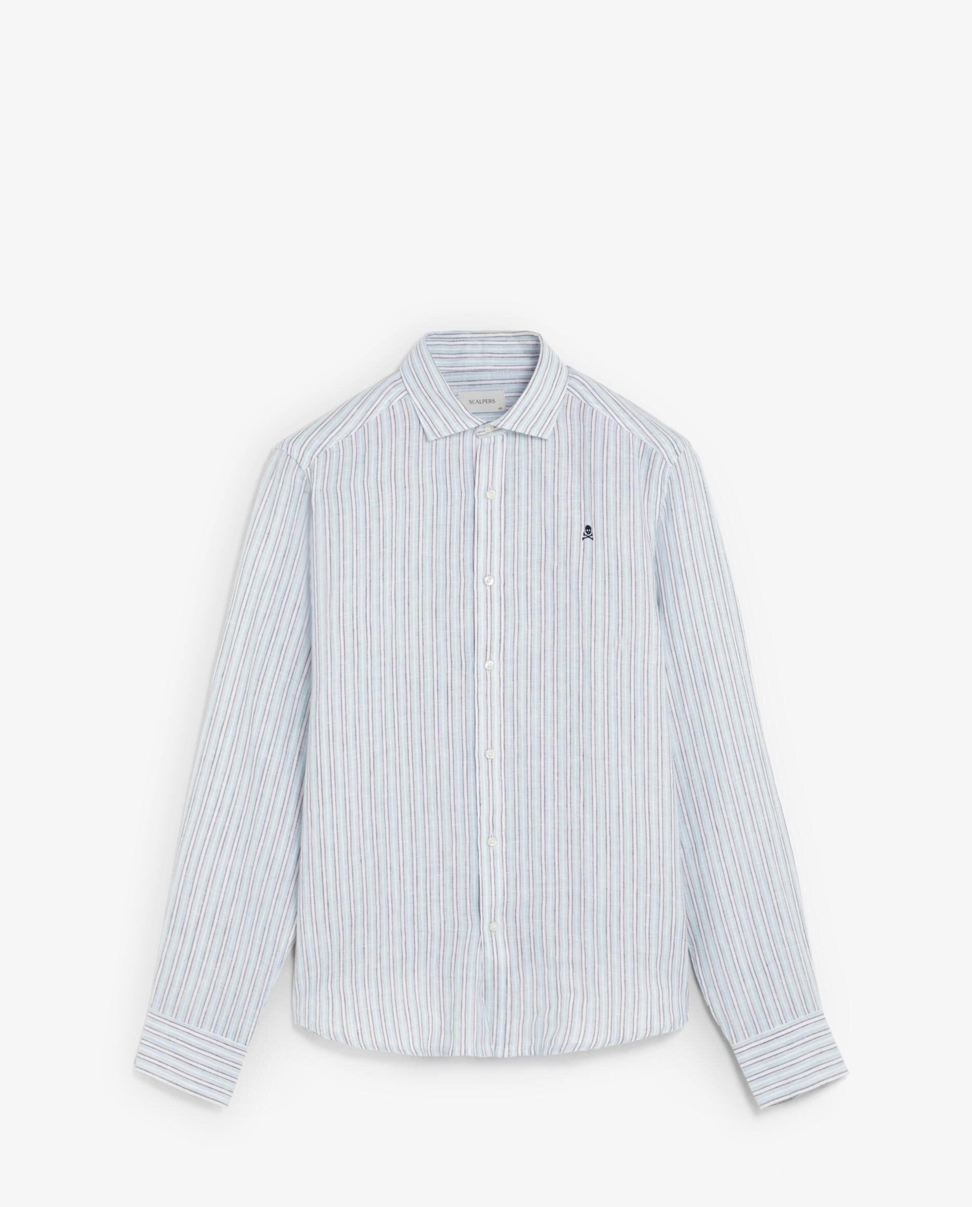 Camisa de Linho Regular Fit Às Riscas Castanho-5