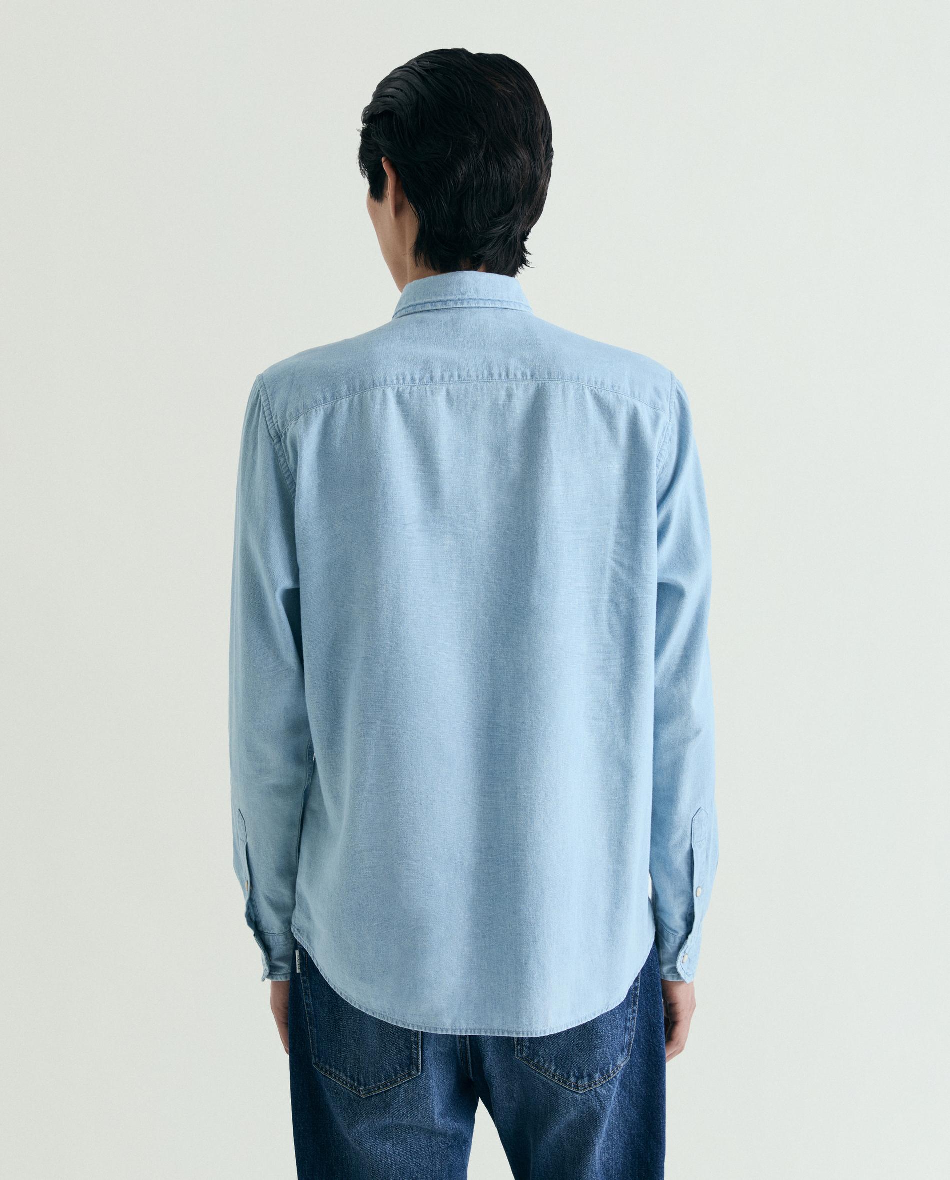 Camisa Jeans Regular Fit com Botões Automáticos Azul-claro-2