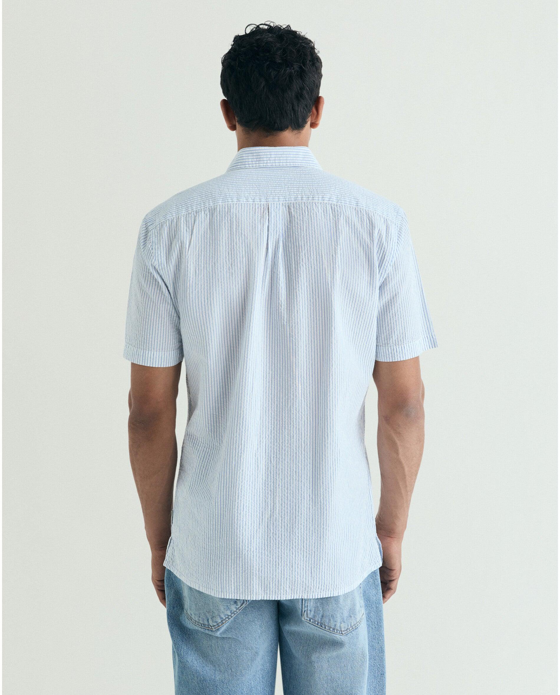 Camisa de Manga Curta Às Riscas com Bolso no Peito Branco / Azul-2