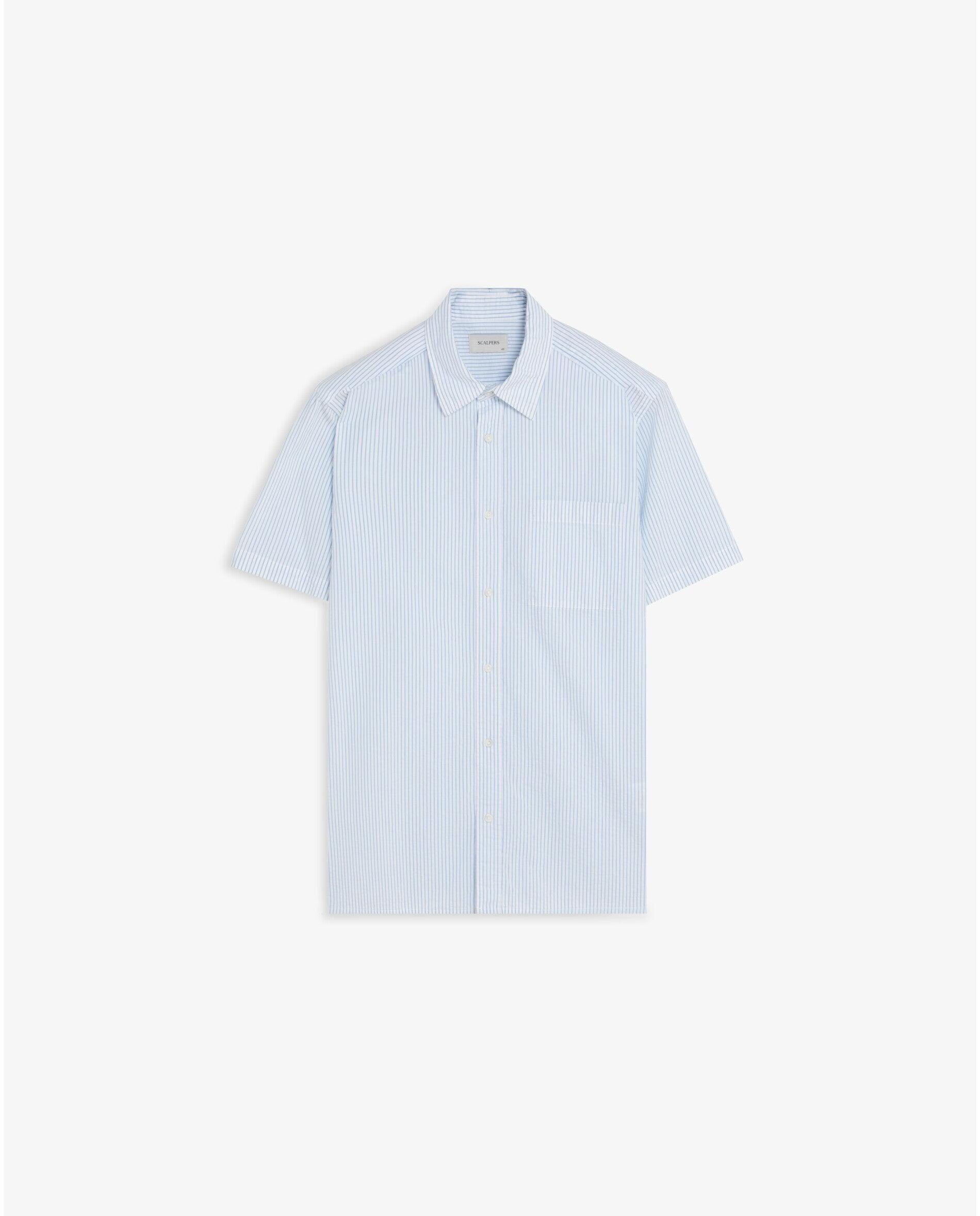 Camisa de Manga Curta Às Riscas com Bolso no Peito Branco / Azul-5