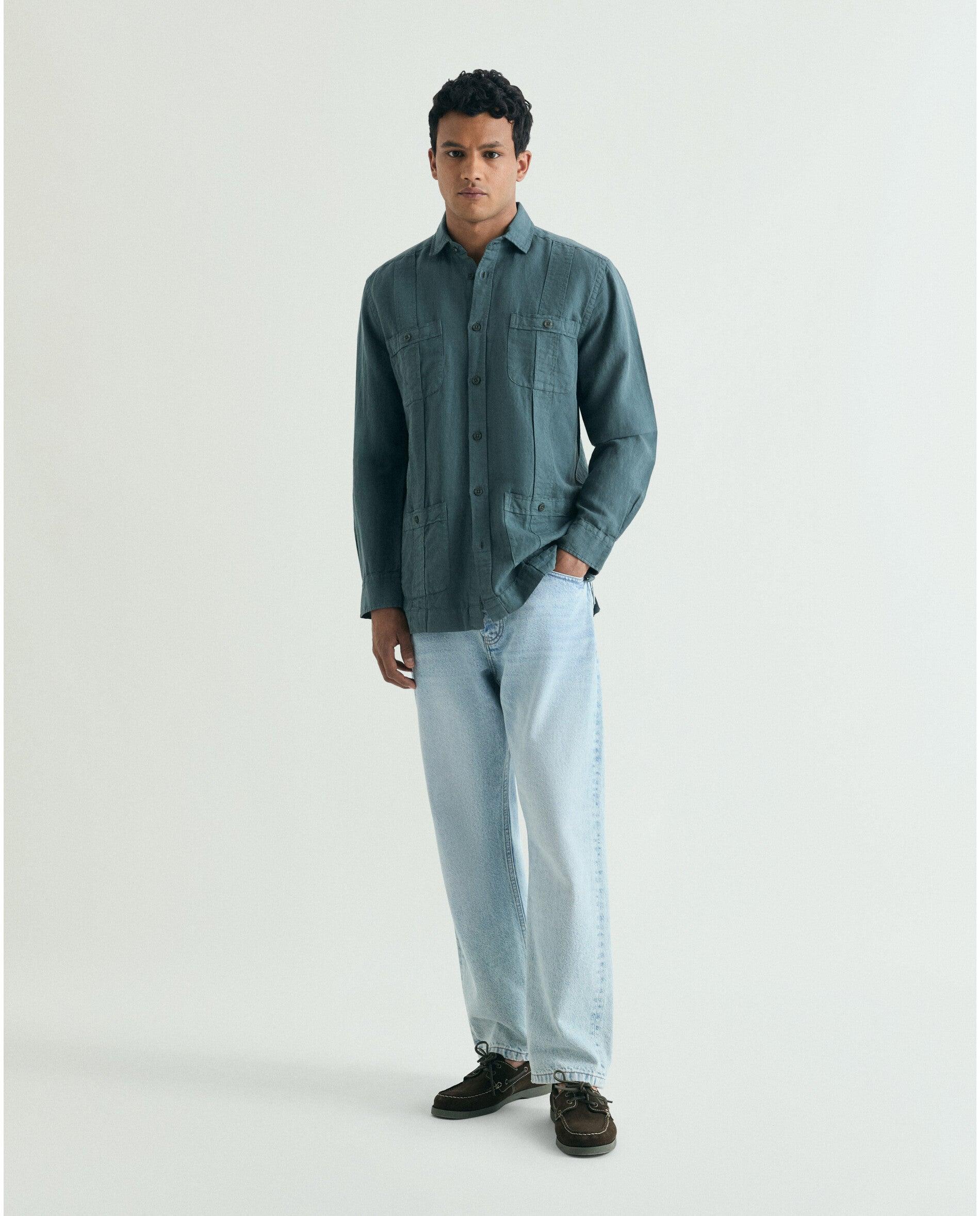 Camisa Guayabera Regular Fit Lisa Verde-acinzentado-3