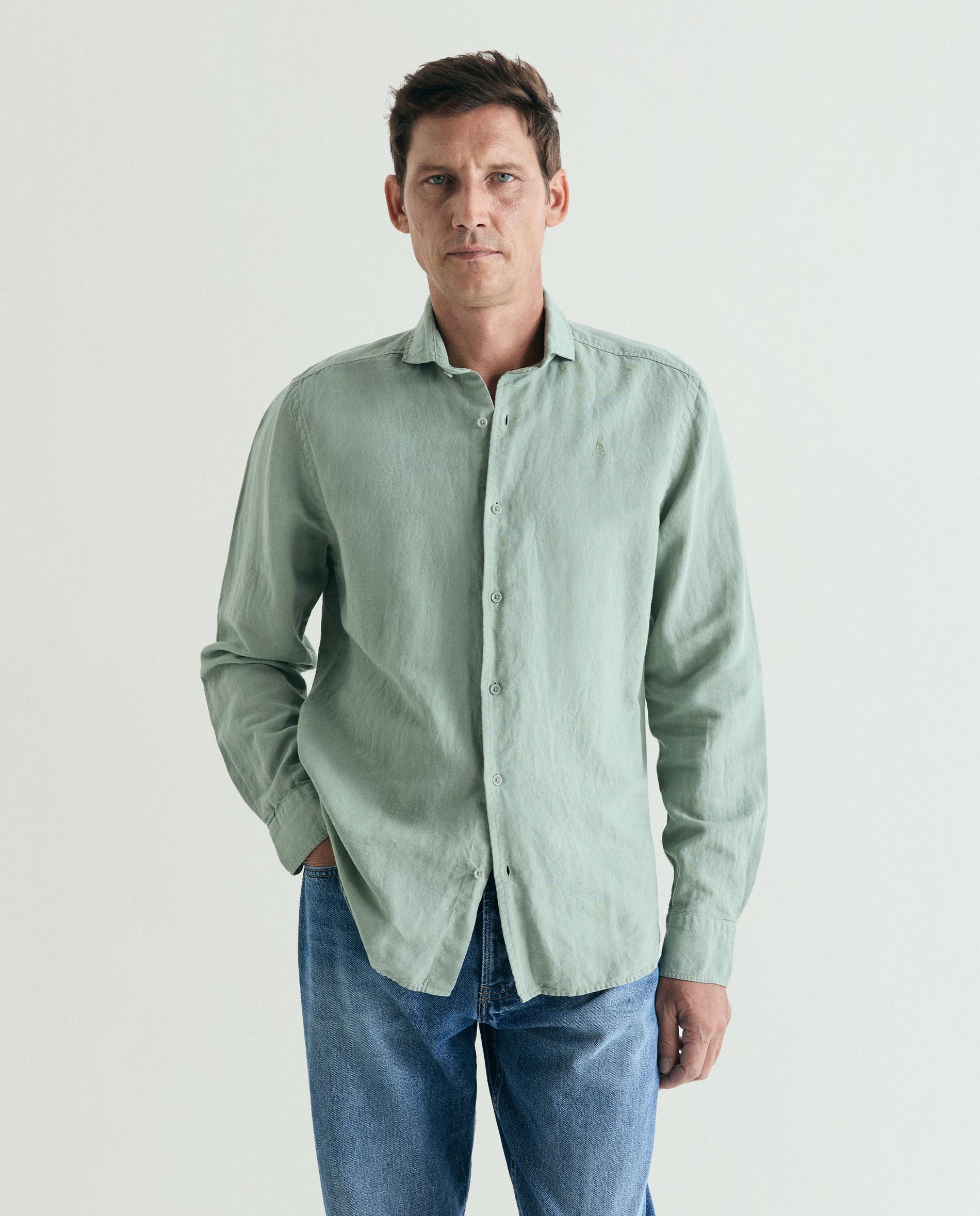 Camisa Regular Fit de Manga Comprida Lisa Verde-claro-1