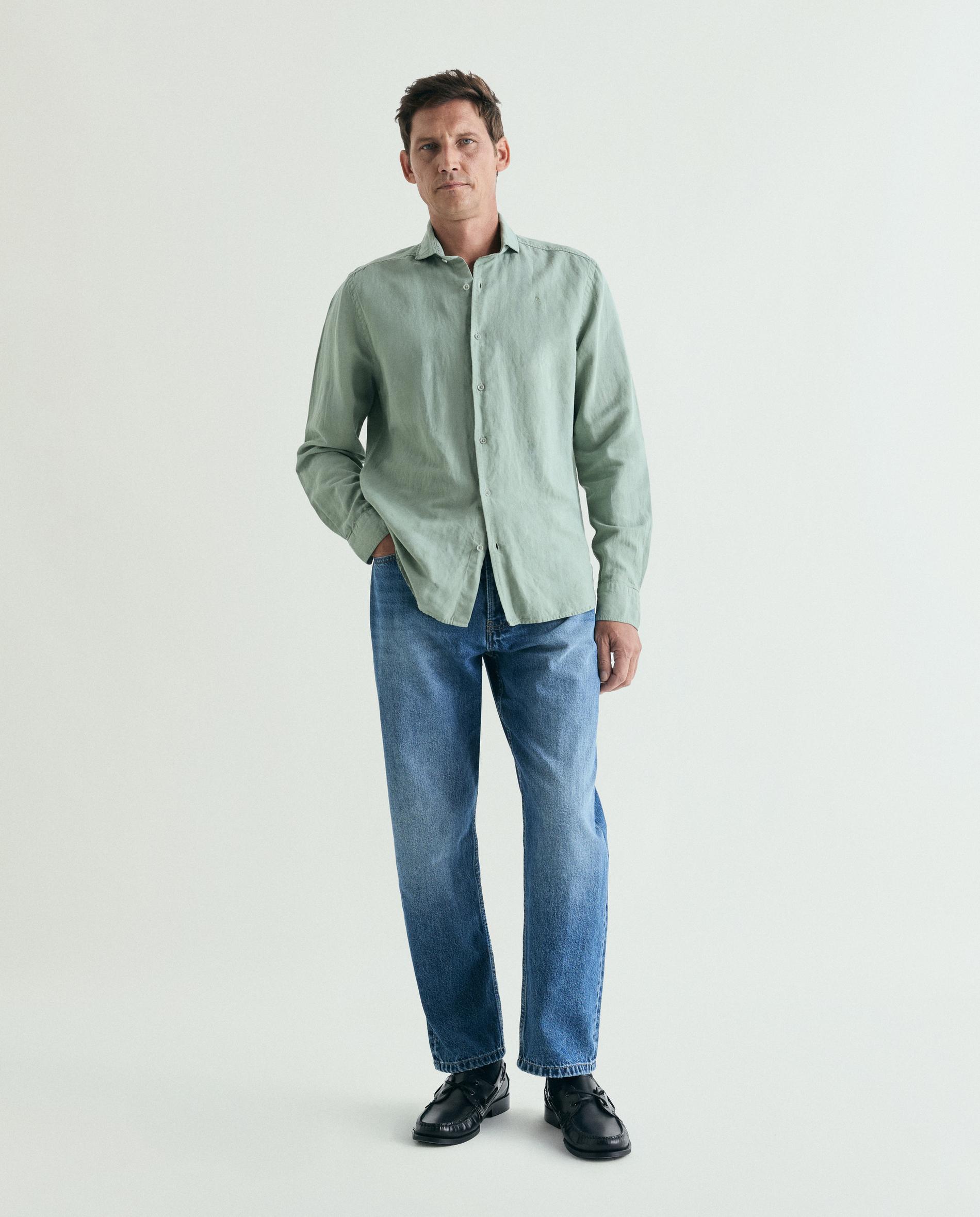 Camisa Regular Fit de Manga Comprida Lisa Verde-claro-2