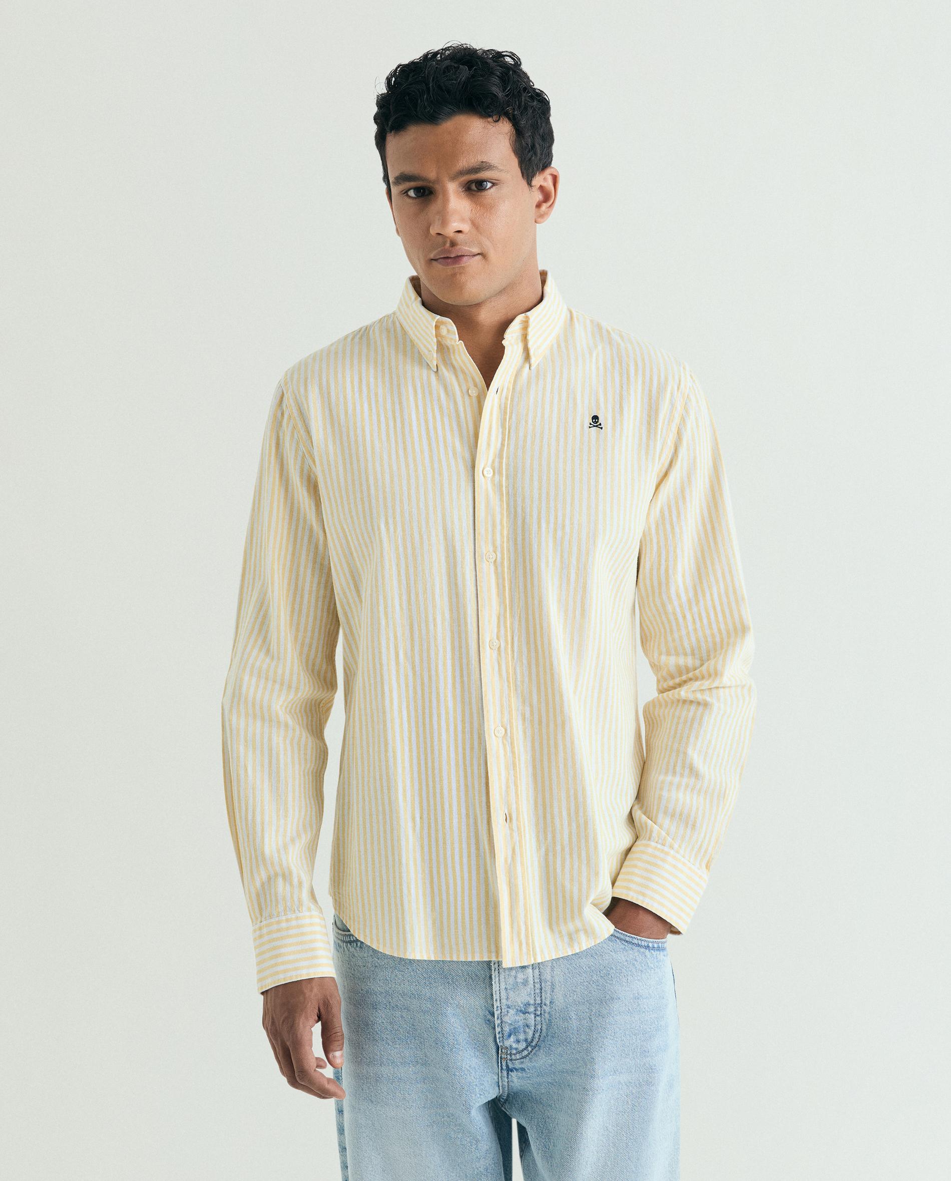 Camisa Regular Fit Às Riscas de Manga Comprida Amarelo-1