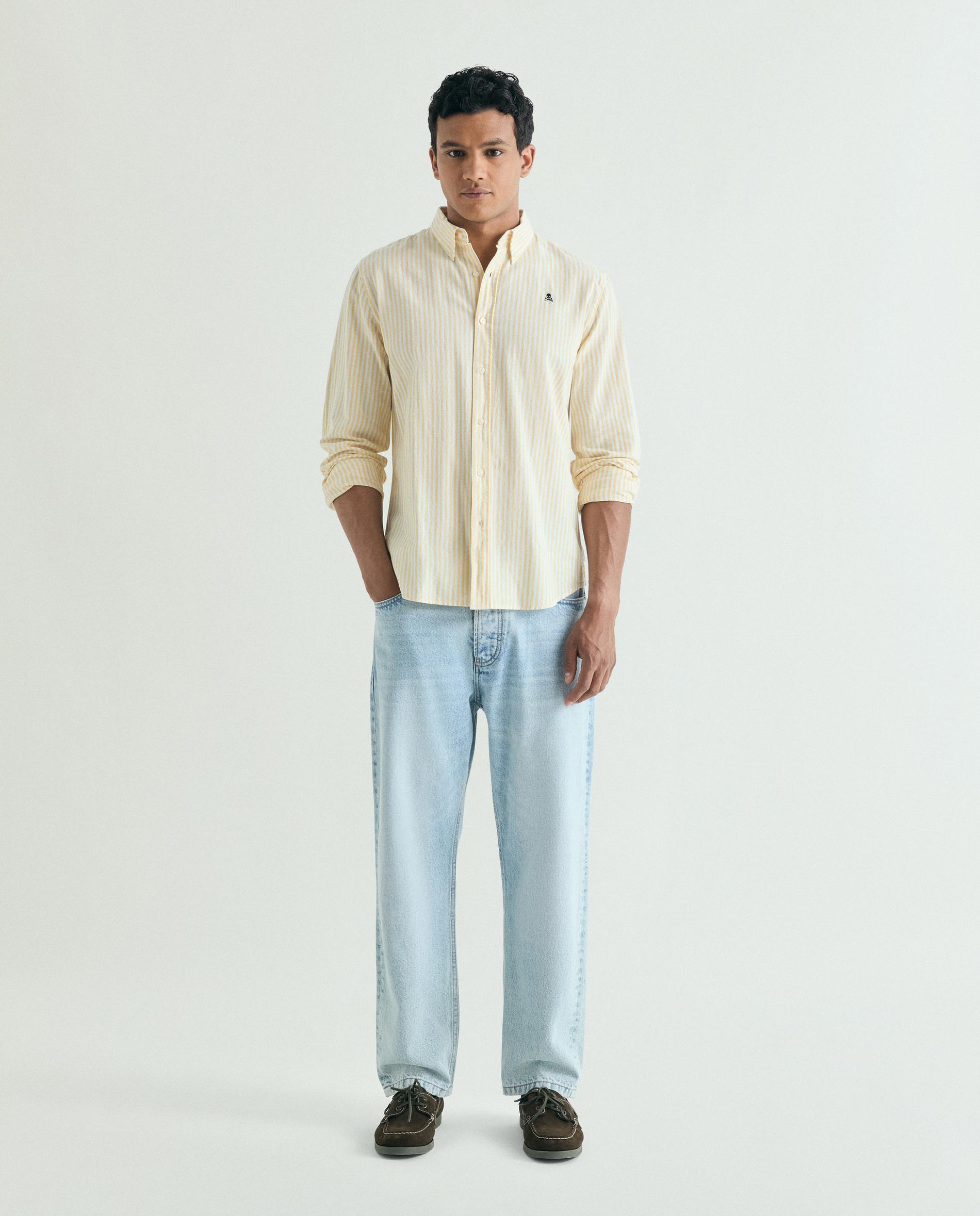 Camisa Regular Fit Às Riscas de Manga Comprida Amarelo-2