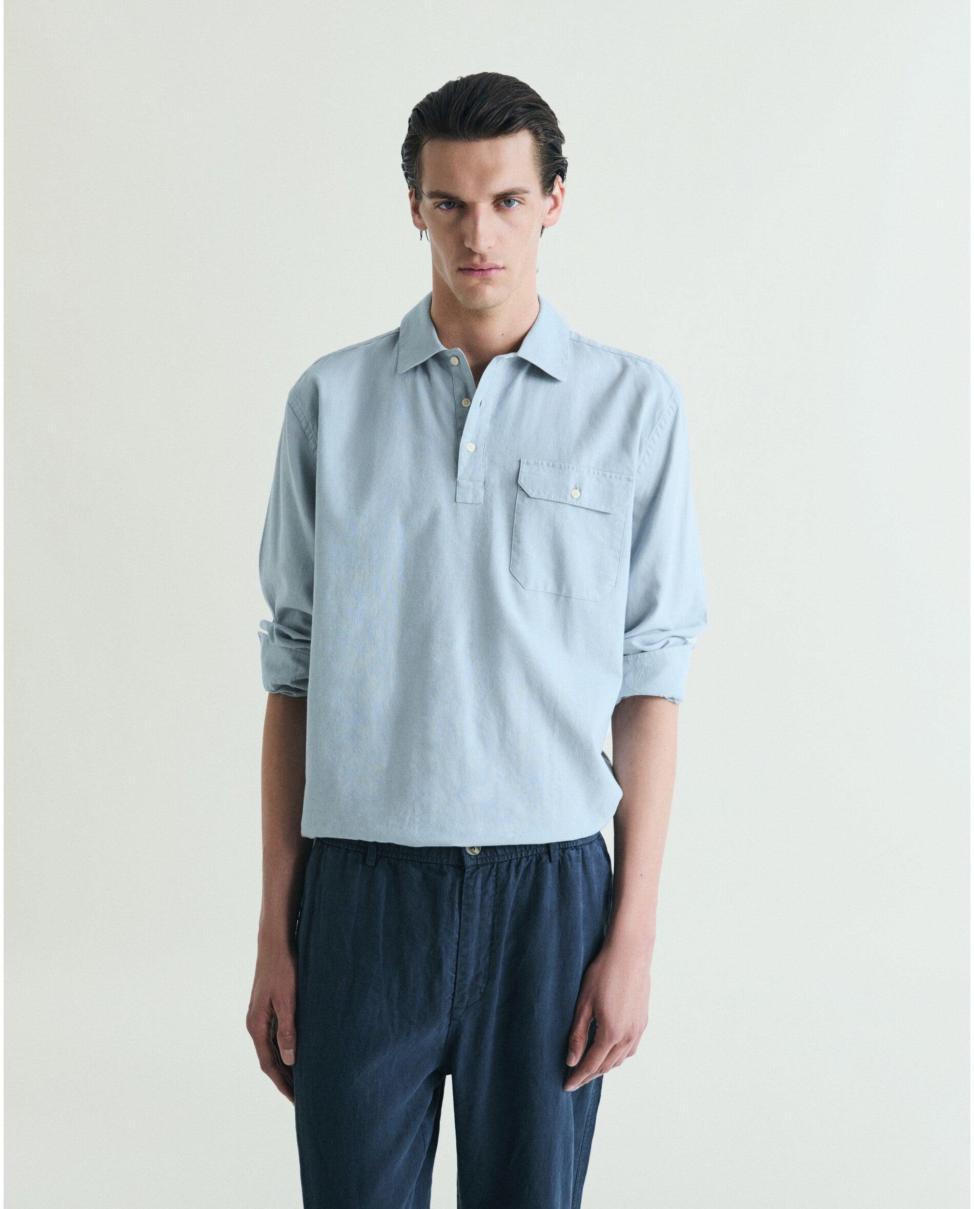 Camisa Regular Fit Tipo Polera com Bolso Azul-claro-1
