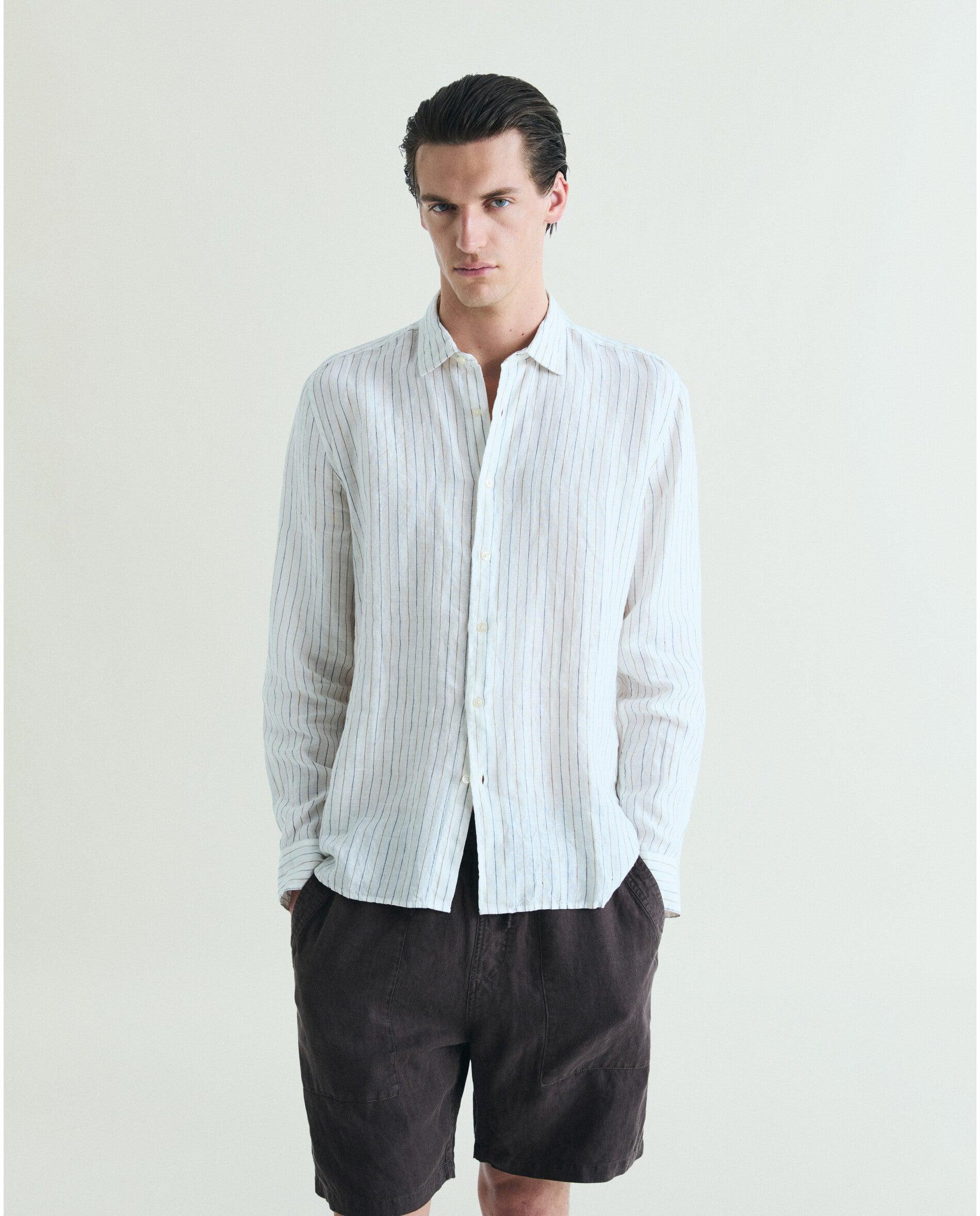 Camisa de Linho Slim Fit Às Riscas Branco-1