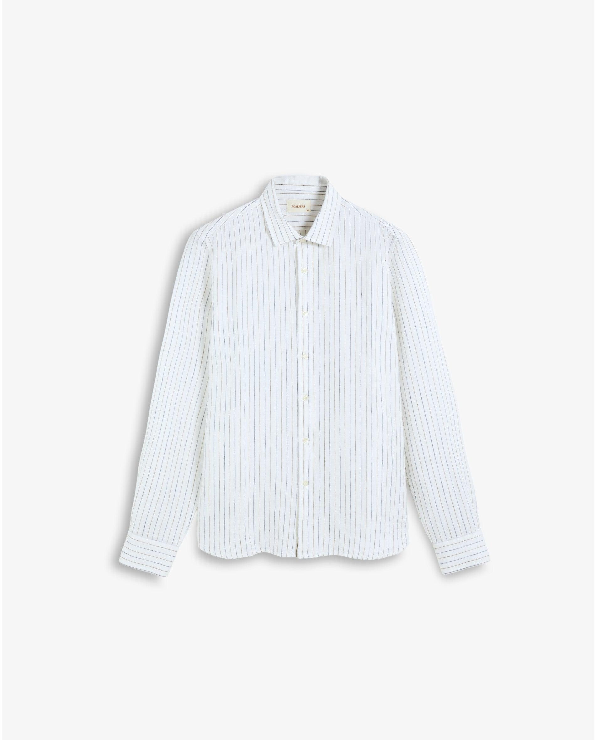 Camisa de Linho Slim Fit Às Riscas Branco-4