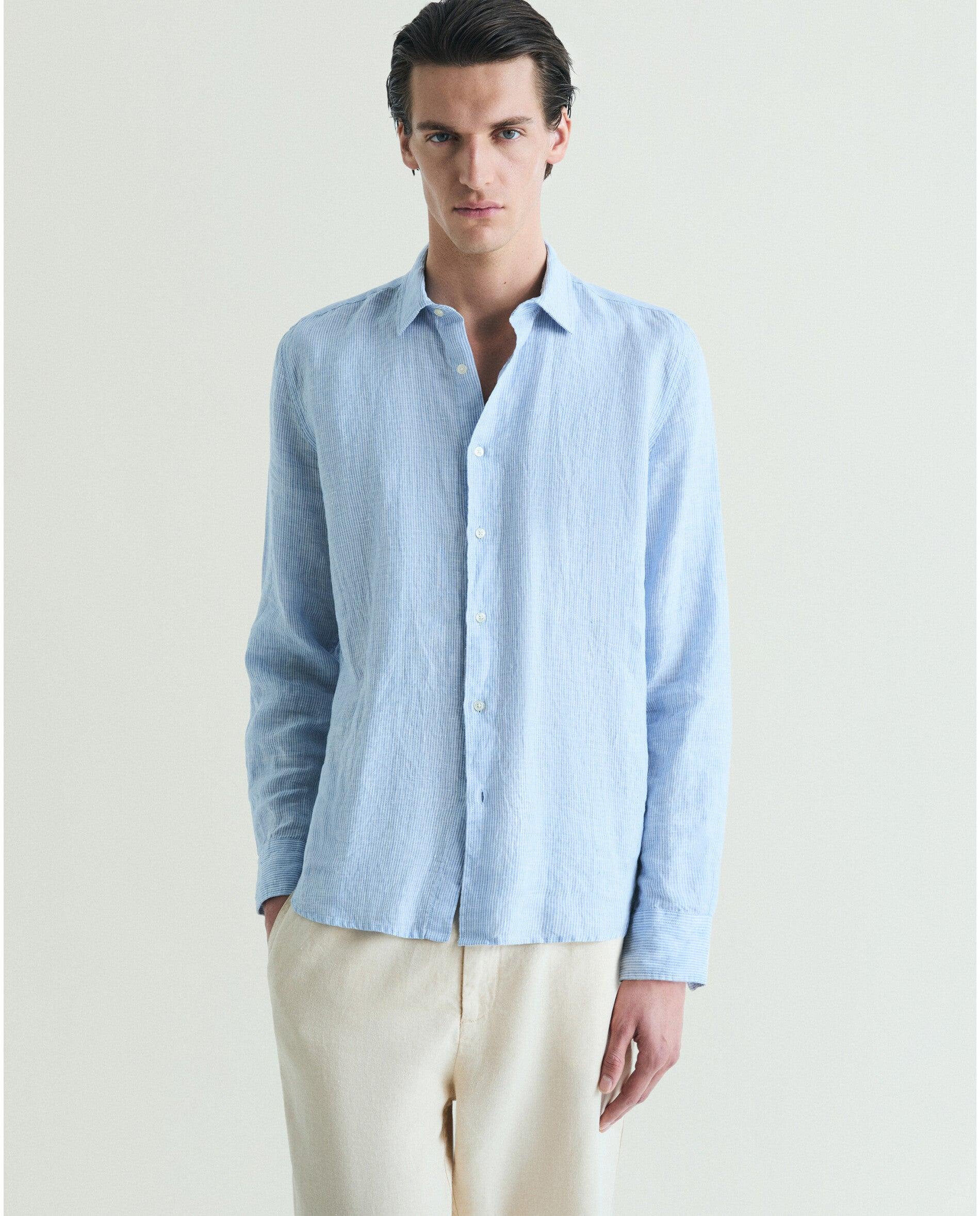 Camisa de Linho Slim Fit Às Riscas Azul-1