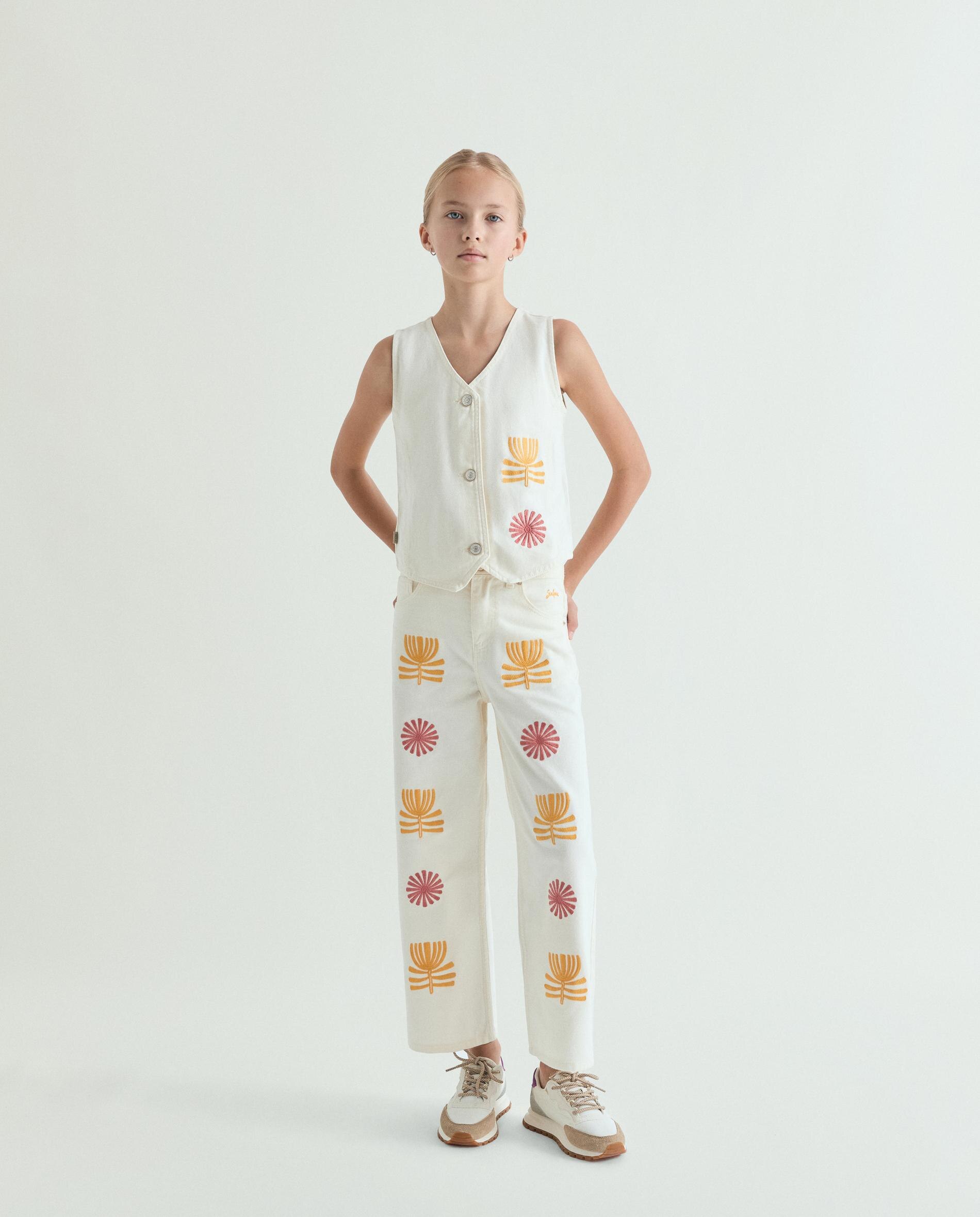 Jeans Culotte com Detalhes Bordados Infantil Scalpers Branco-1