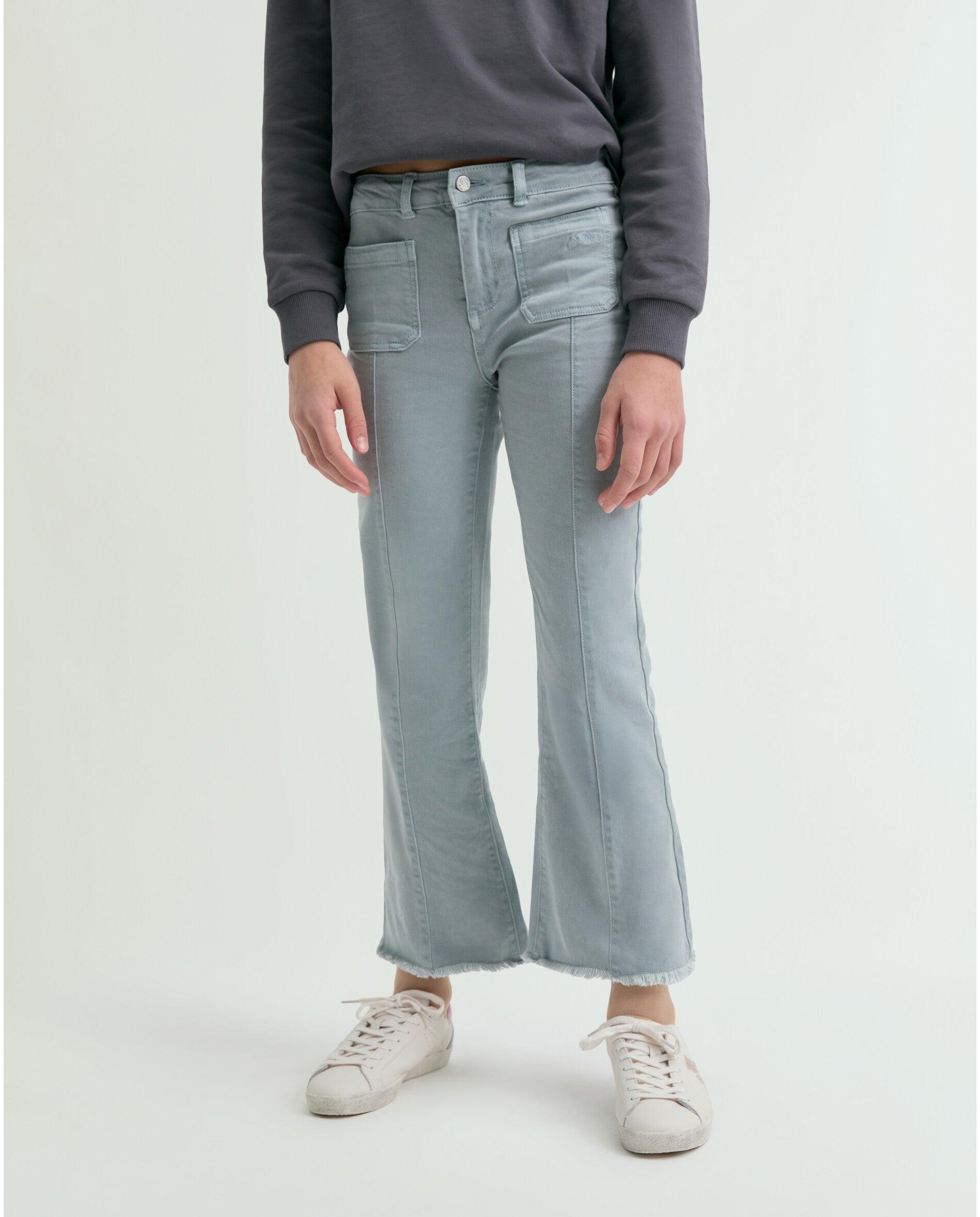 Jeans Infantil à Boca de Sino com Bainha Desfiada Scalpers Verde Água-2
