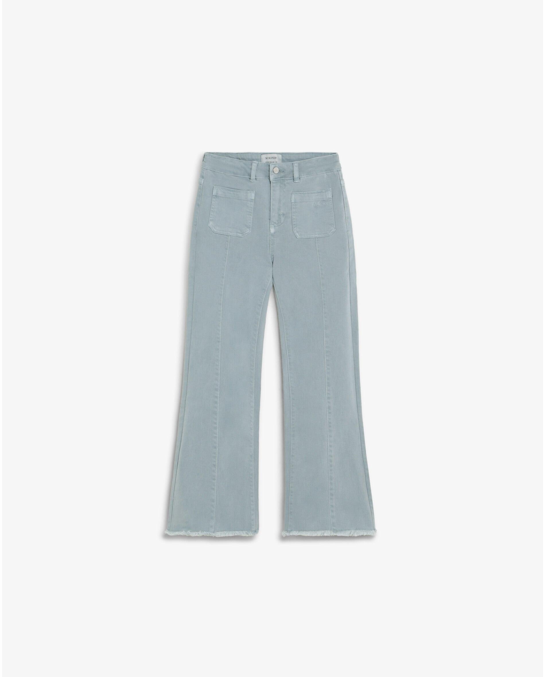Jeans Infantil à Boca de Sino com Bainha Desfiada Scalpers Verde Água-5