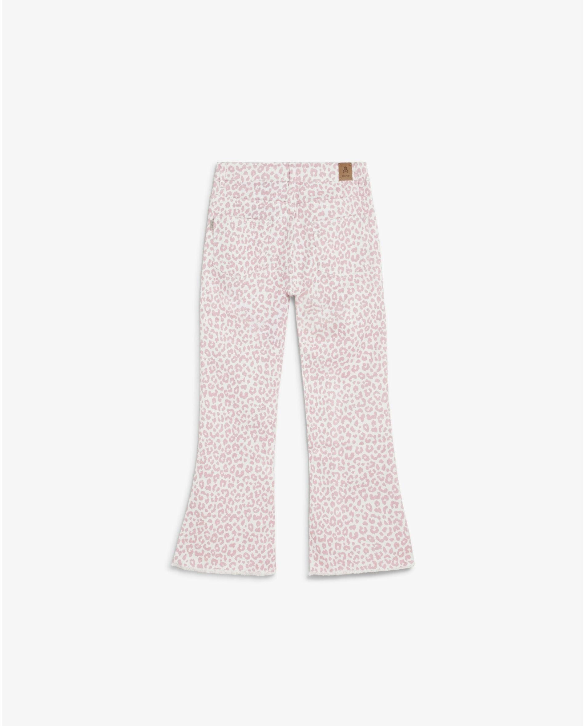 Jeans Infantil Animal Print Ligeiramente à Boca de Sino Lilás / Branco-2