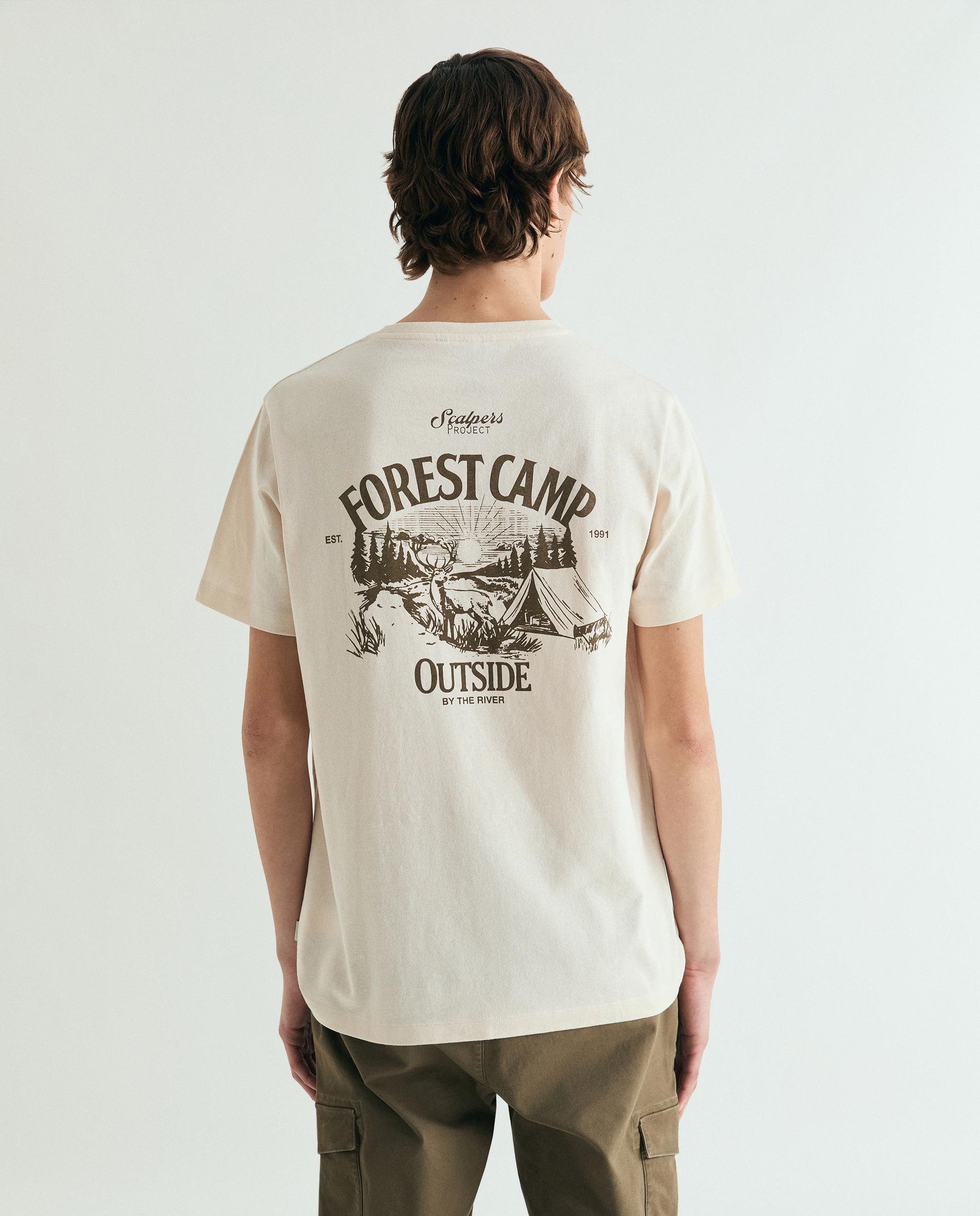 T-shirt de Manga Curta com Bolso e Print Posterior Bege-3
