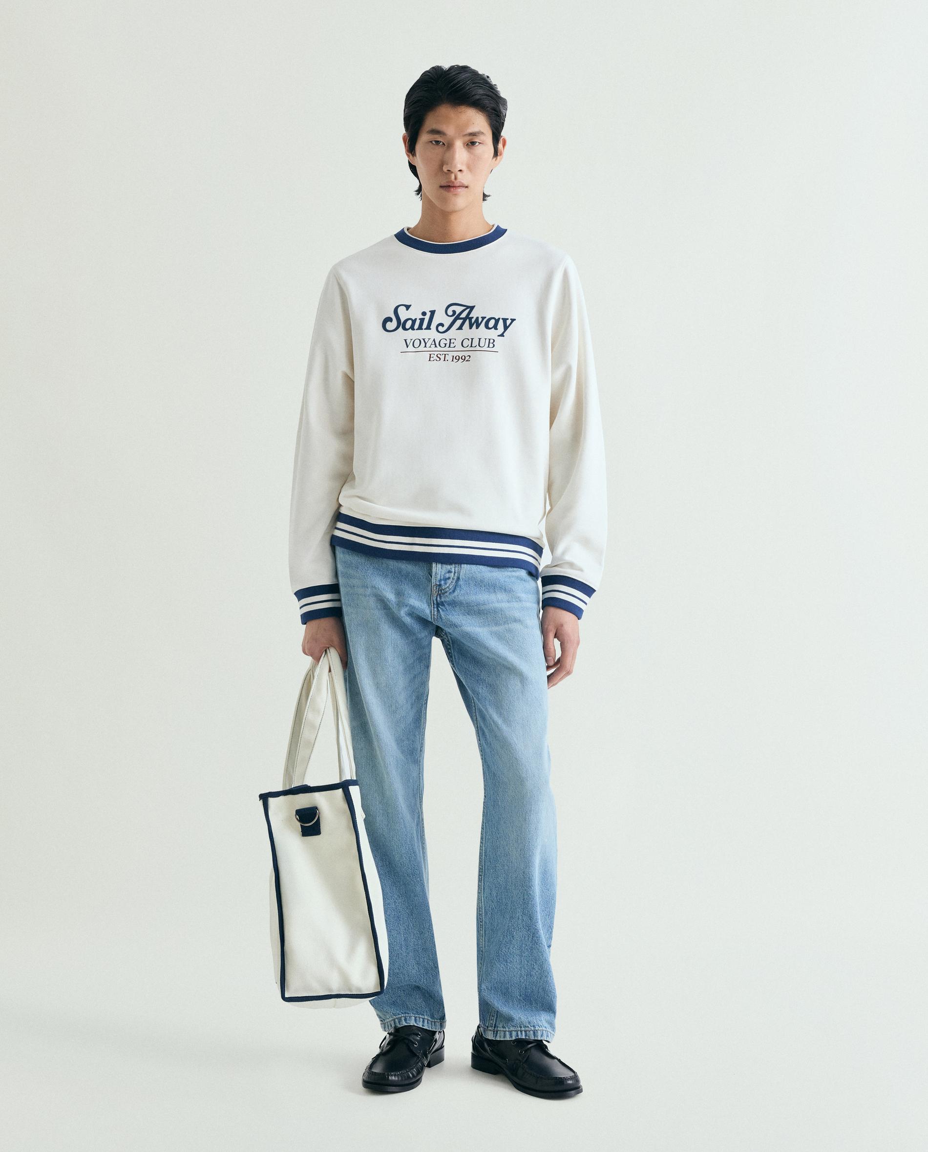 Sweatshirt sem Capuz com Rib em Contraste Marfim-3