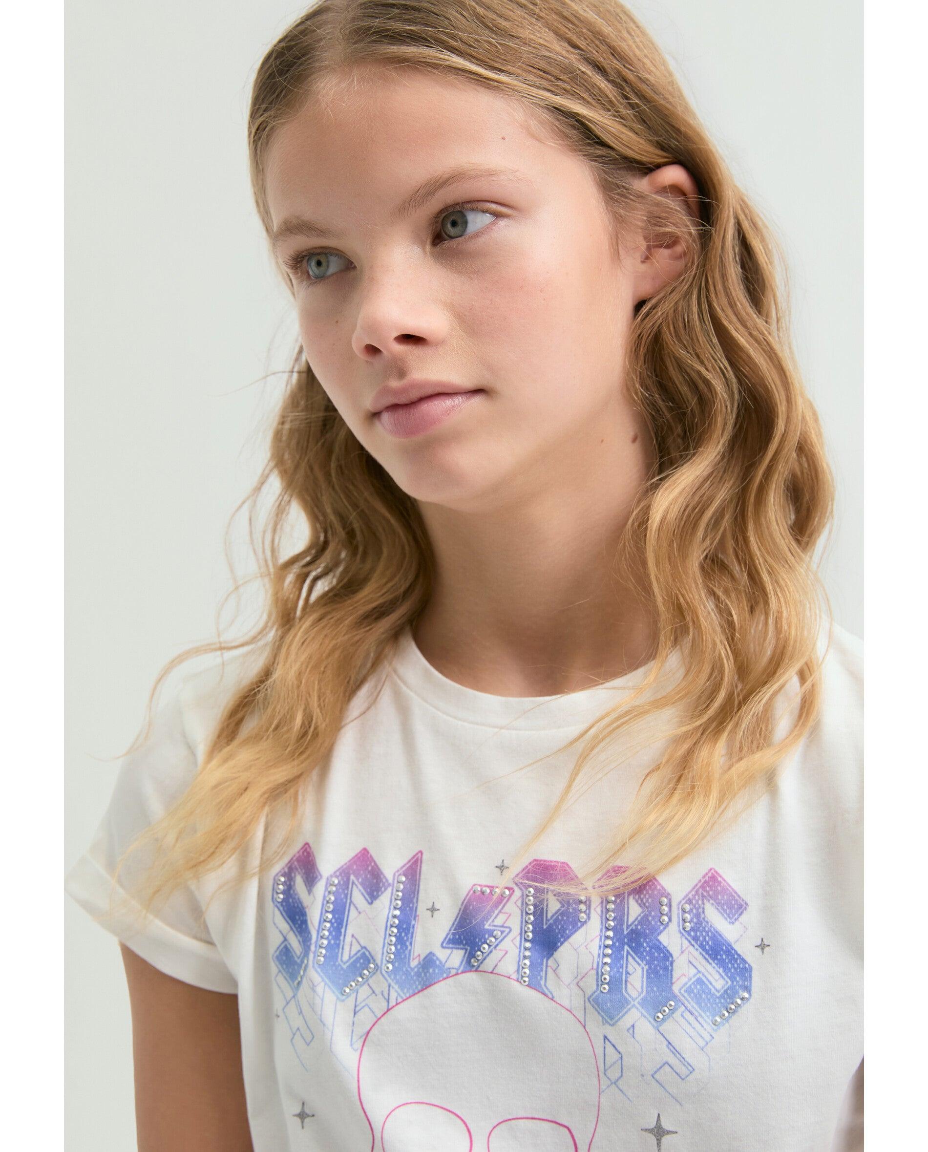 T-shirt Infantil de Manga Curta com Strass Scalpers Branco-4