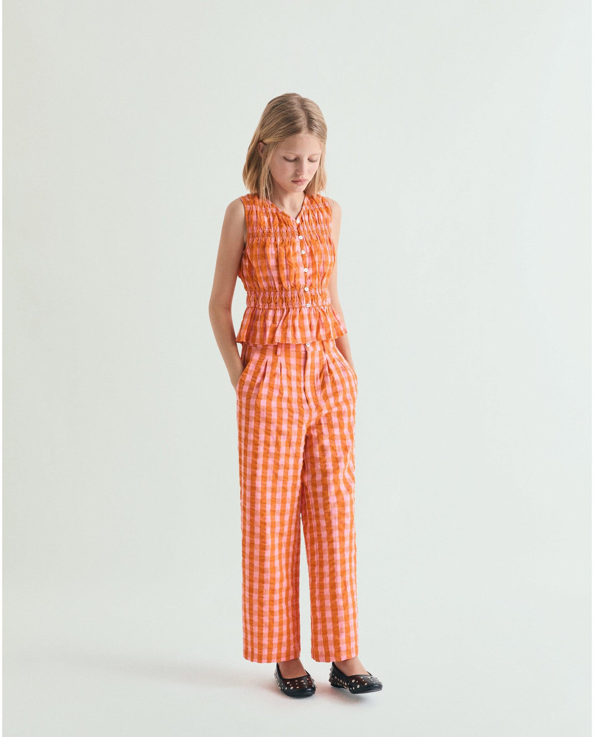 Calças Cinco Bolsos Infantil Aos Quadrados Vichy com Cintura Elástica Scalpers Laranja-3